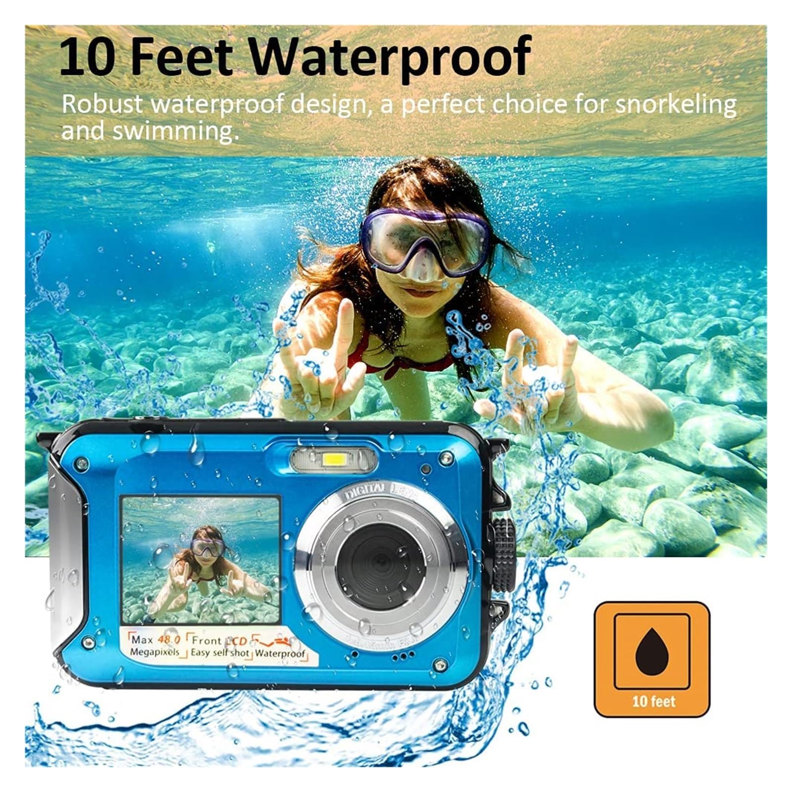 NMBHUS 10FT Underwater Digital Camera - IP68 Waterproof 48MP 2.7K Dual Screen Action Cam with Self-Timer for Scuba Diving, Snorkeling & Summer Water Sports (Red, No TF Card Included)