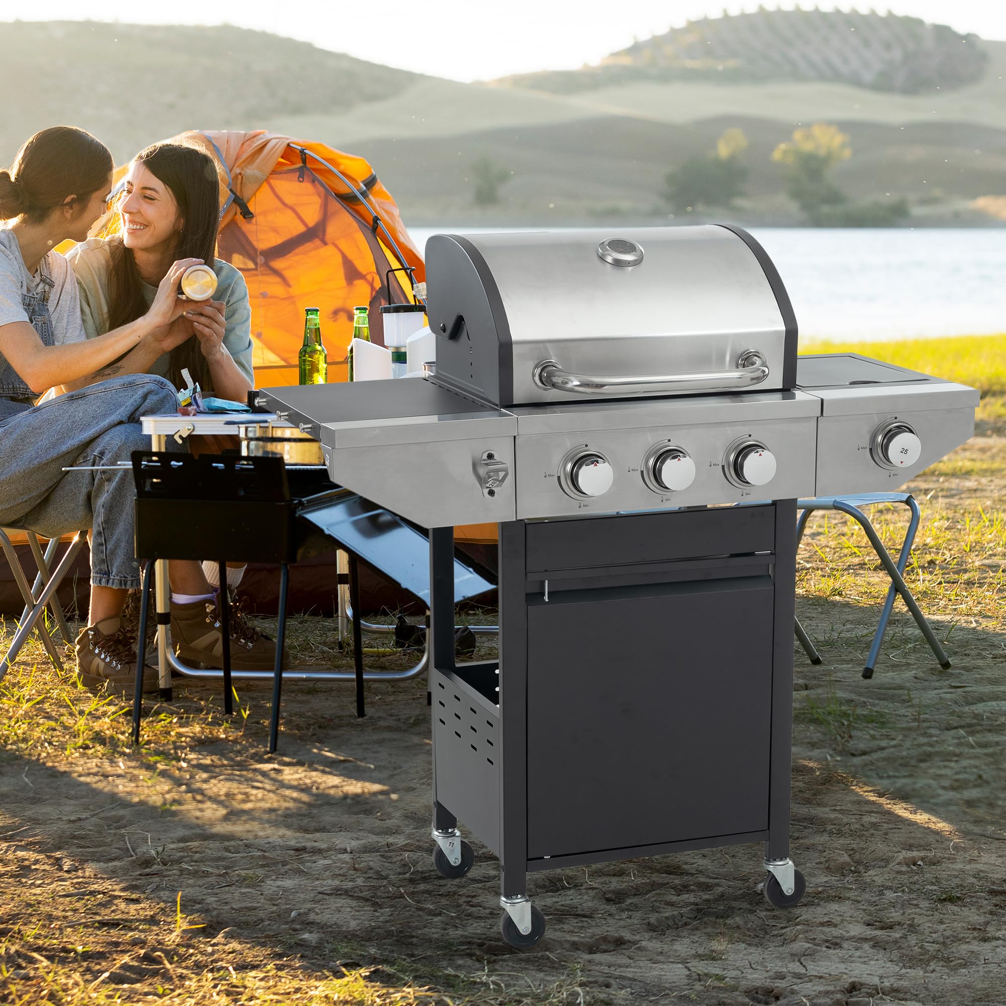 Stainless Steel 3-Burner Propane Gas Grill with Side Burner, Temperature Gauge & Electronic Ignition - 430-Grade Outdoor BBQ Grill with Cast Iron Grids for Backyard, Camping & Tailgating Parties