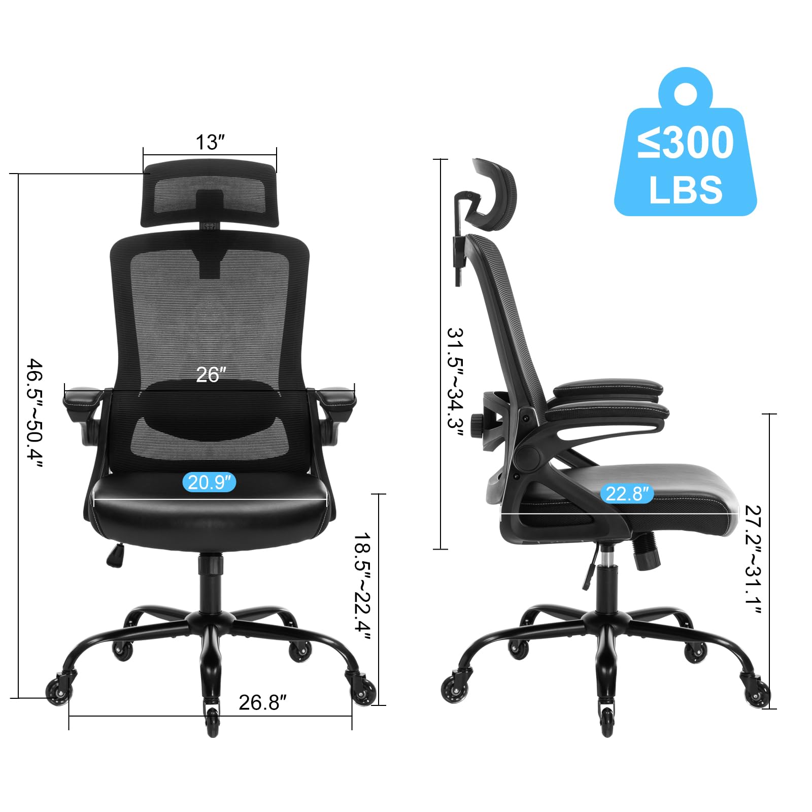 Ergonomic Office Chair with Adjustable Lumbar Support - High Back Mesh Desk Chair with Blade Wheels for Home Office - Perfect for Long Hours of Comfortable Work and Video Conferencing