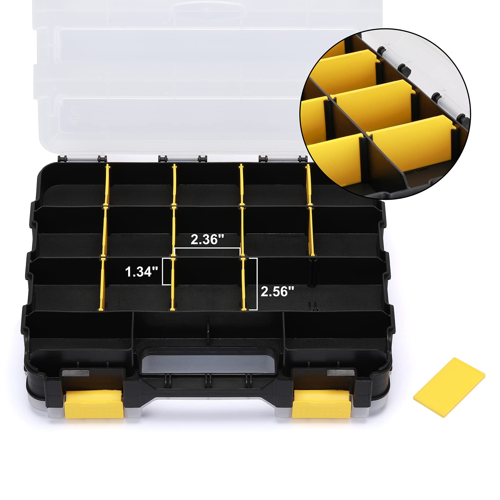 Mayouko Double-Sided Tool Organizer with Customizable Removable Plastic Dividers - 34-Compartment Hardware Storage Box for Small Parts (Black/Yellow) - Perfect for Workshop, Garage & DIY Projects