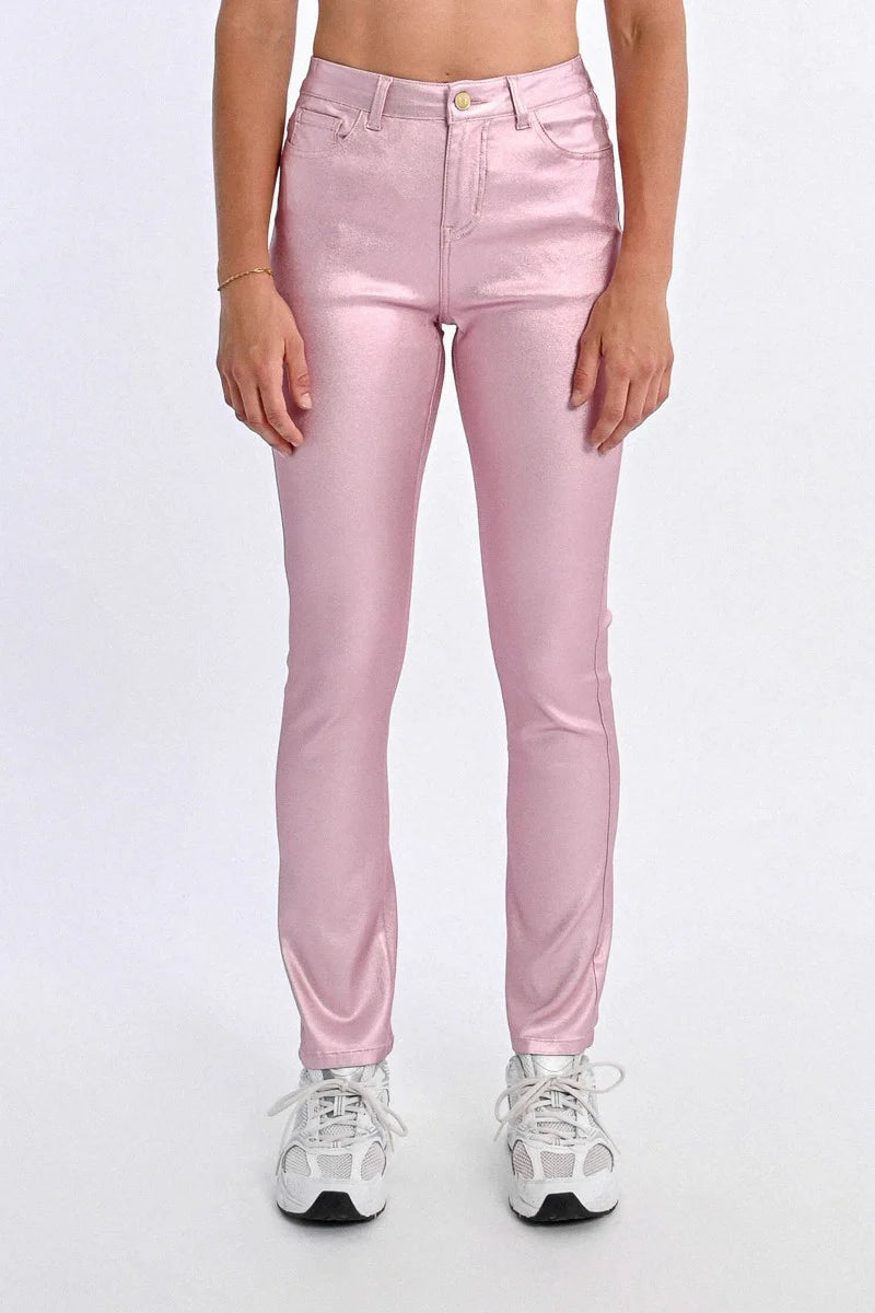 Waterproof Coated Slim Pants for Women - Stretchy High Waist Skinny Trousers in Soft Pink | Perfect for Office, Travel & Casual Outfits