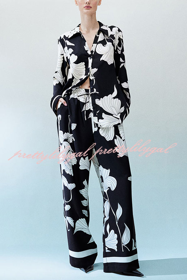 Stylish Printed Lapel Long Sleeve Blouse with Elastic Waist Casual Pants Set - Women's Loose Fit Wide Leg Trousers & Pocket Details for Office, Travel and Everyday Wear