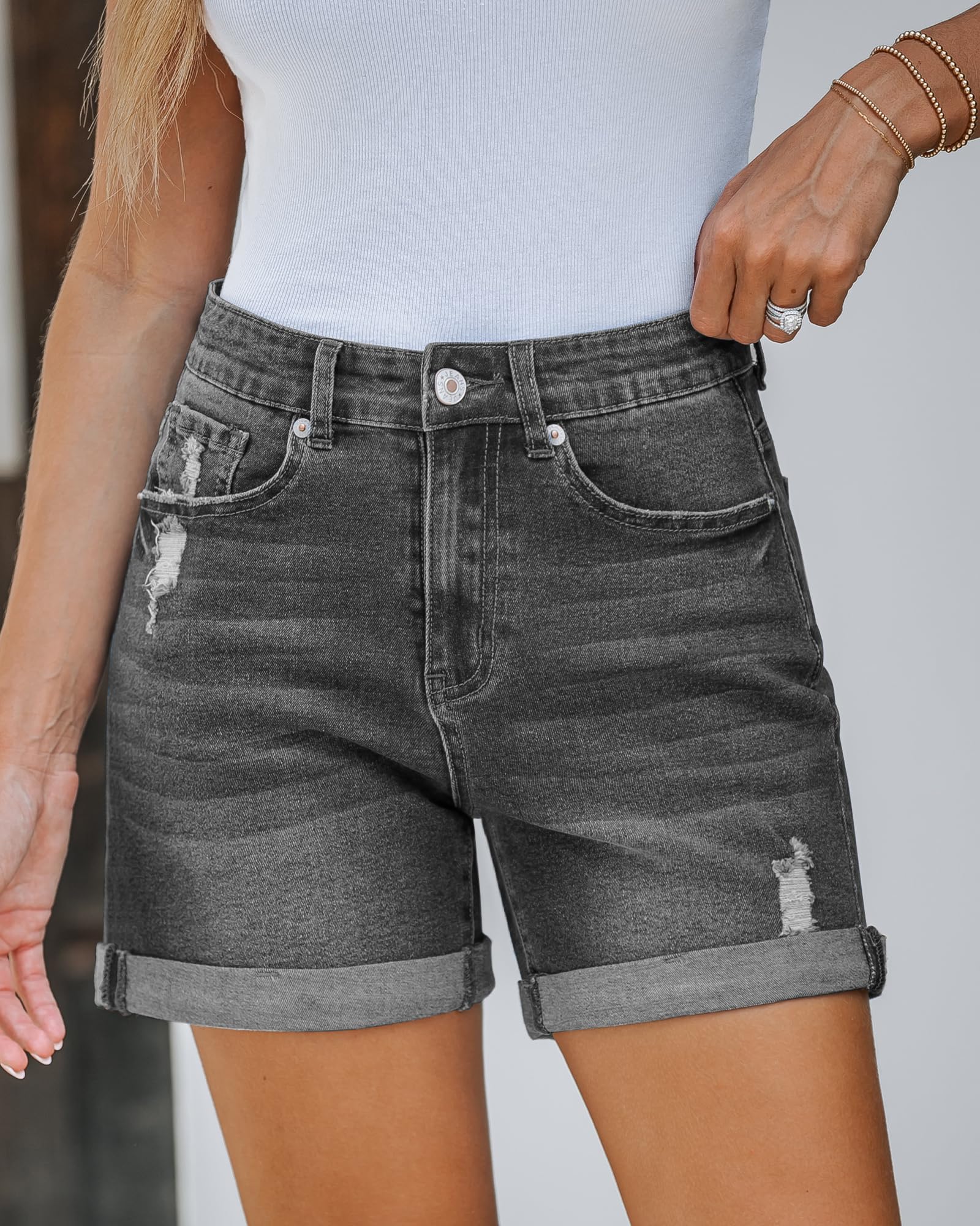 LookbookStore Women's Stretchy High Waisted Ripped Denim Shorts with Pockets - Trendy Distressed Cut Off Jean Shorts for Summer Outfits & Casual Wear