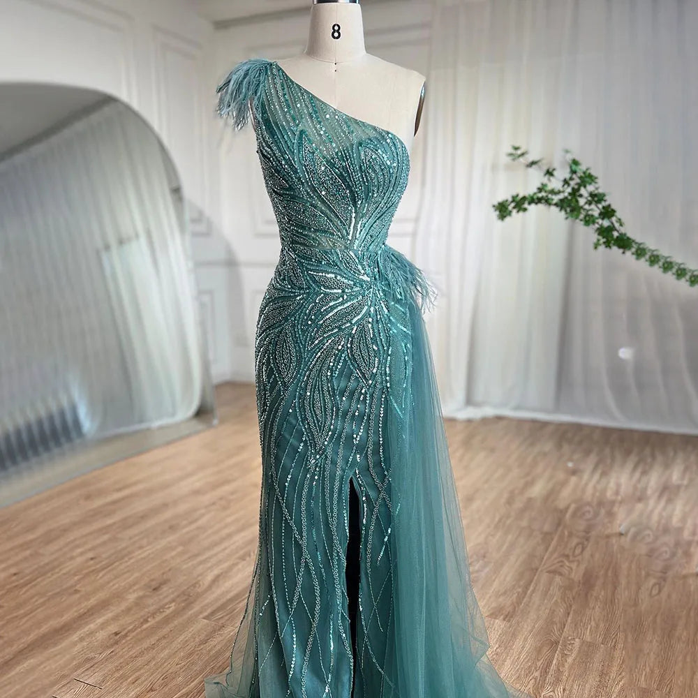 Serene Hill Turquoise Mermaid Evening Gown with High Split & Beaded Feather Skirt - Women's Sexy Party Dress 2025 (LA71955) | Perfect for Prom, Gala & Formal Events