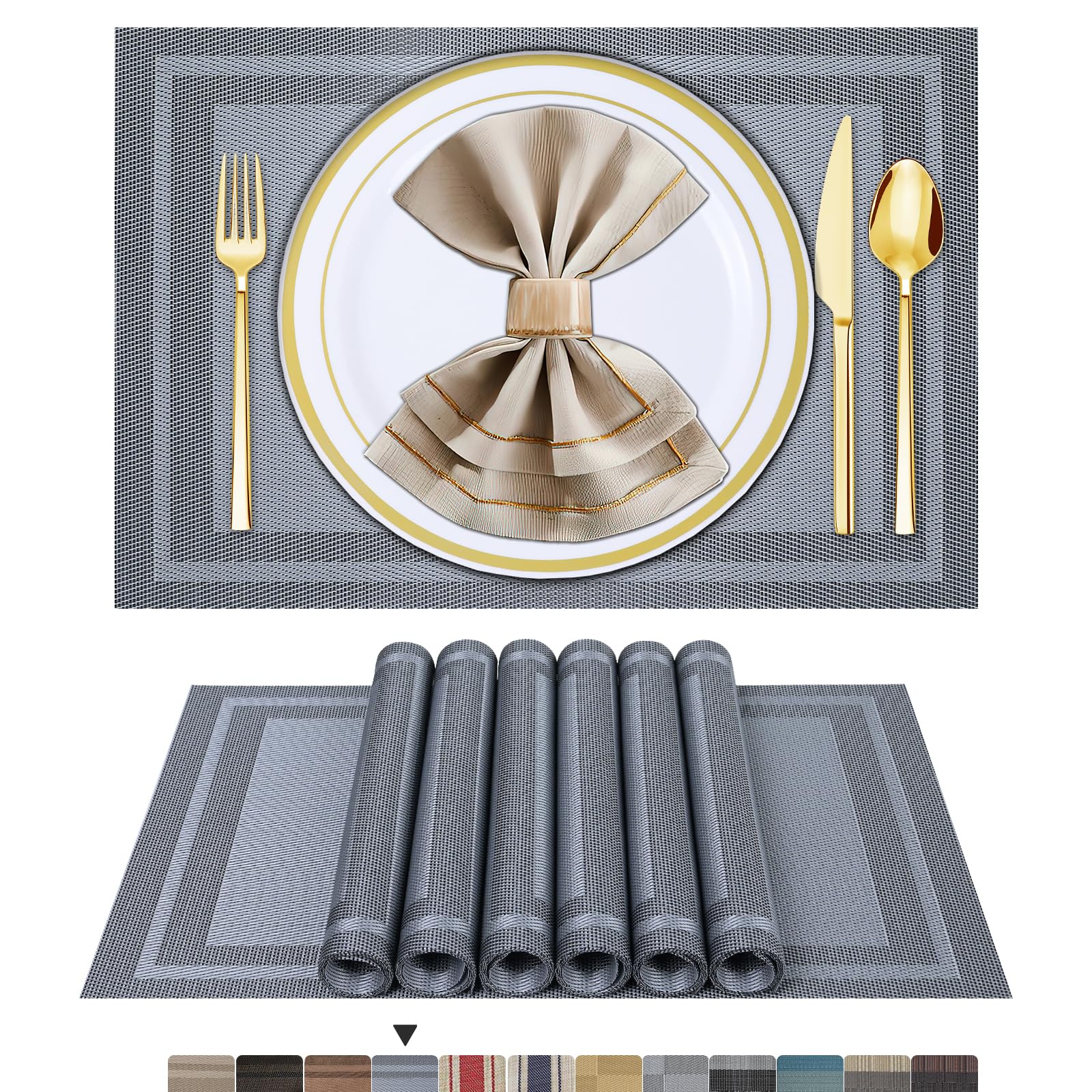 6-Piece Woven Boho Placemats Set - Waterproof Vinyl Table Mats for Dining Table, Indoor & Outdoor Use - Silver Grey - Perfect for Patio, Picnic, and Everyday Dining Decor (ARTAND)