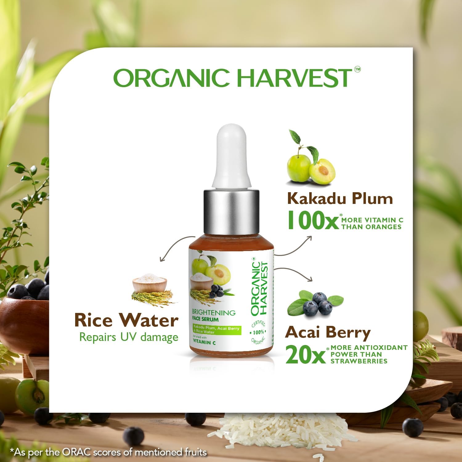 Organic Kakadu Plum & Acai Berry Brightening Face Serum with Vitamin C - Deeply Nourishing & Protective Glow Serum for All Skin Types (30ml) | Perfect for Daily Skincare Routine & Nighttime Hydration