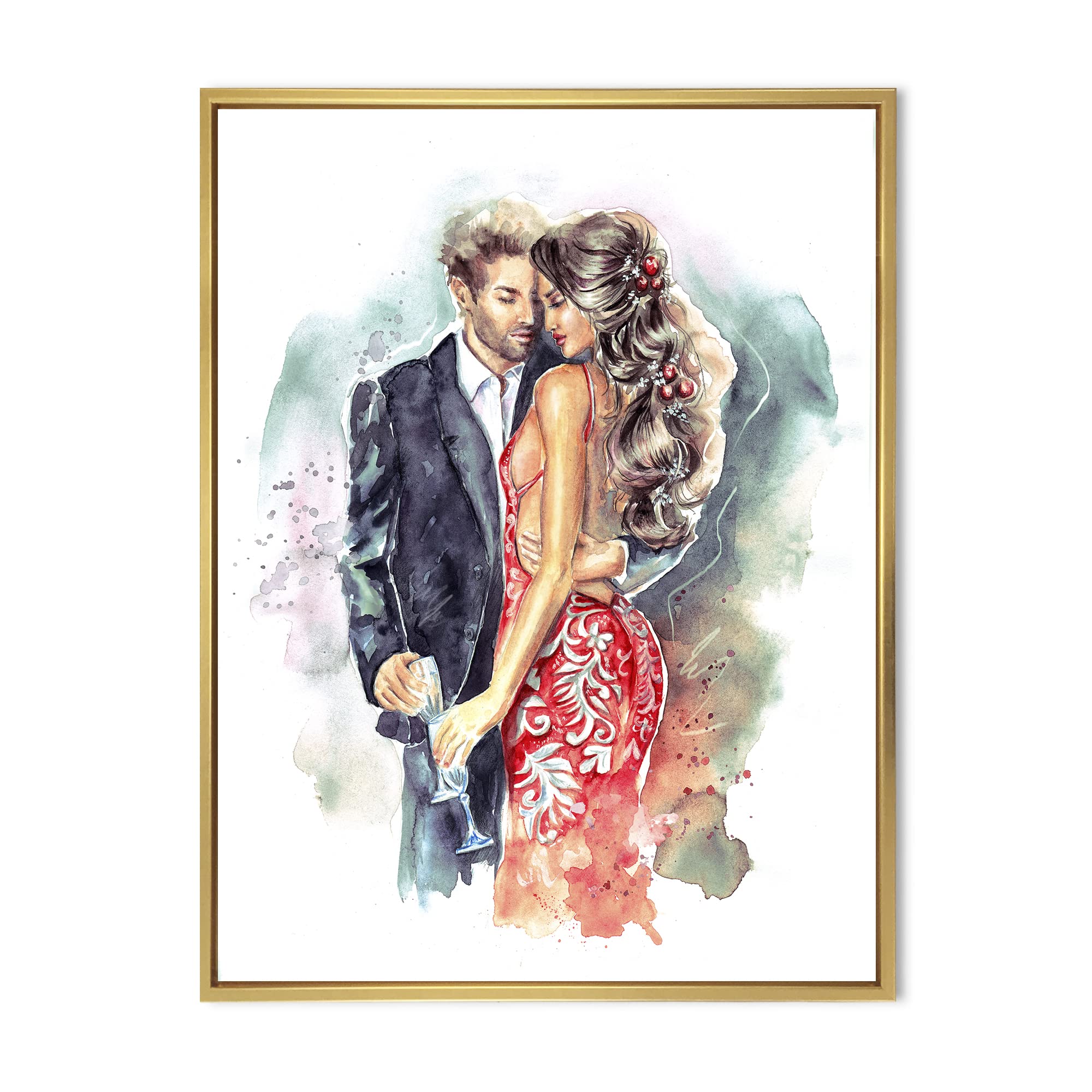 Romantic Couple with Champagne Glasses New Year's Canvas Wall Art - Elegant Framed Home Decor for Living Room, Bedroom & Office