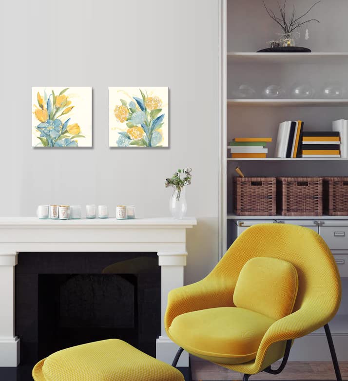 Light Blue and Yellow Floral Wall Art - Modern Aqua Yellow Flower Painting Print for Bathroom, Kitchen, Bedroom Decor - Set of 2 (12x12 Inches) - Perfect for Home, Office & Gift Giving
