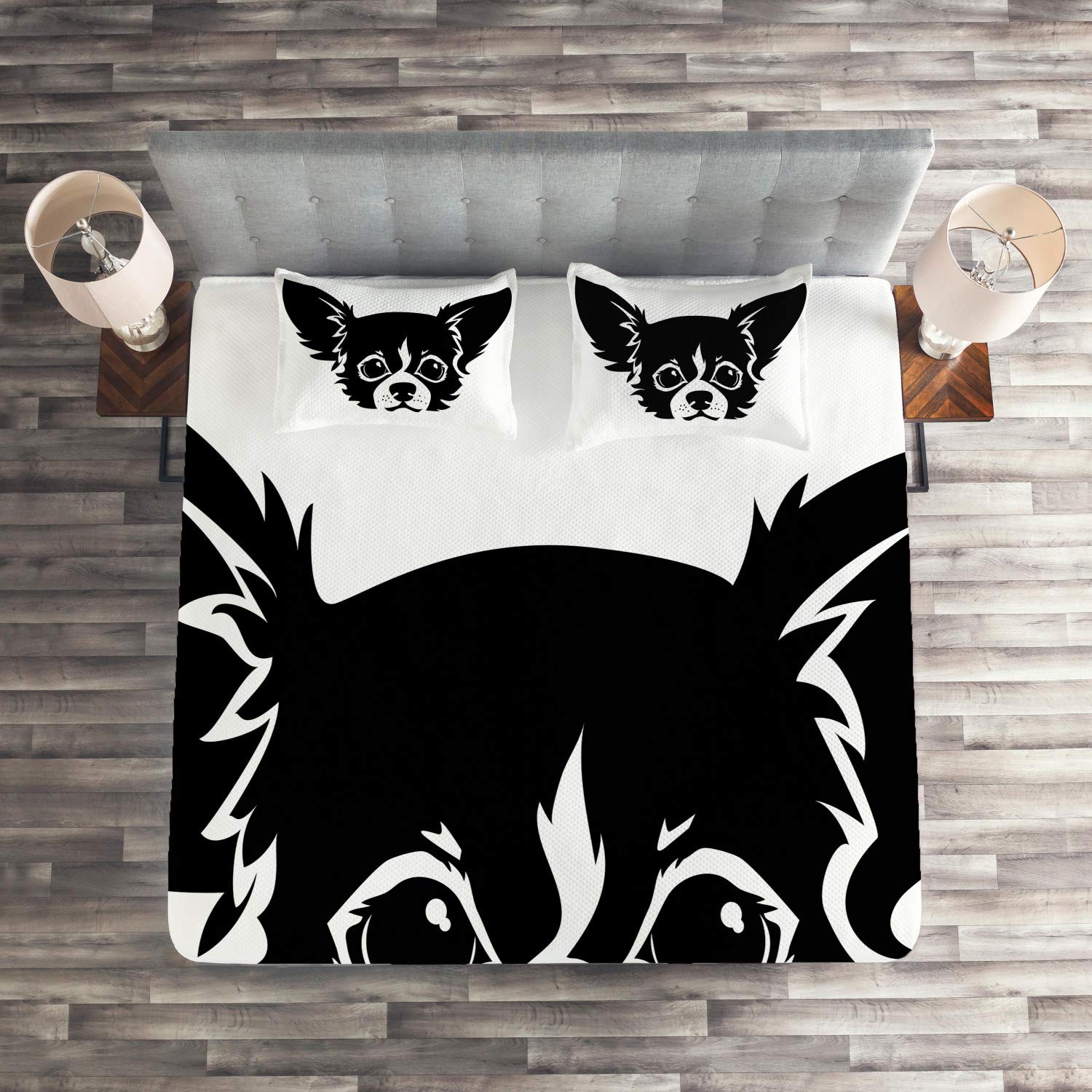 Ambesonne Chihuahua Dog Bedspread Set - 3 Piece King Size Quilted Coverlet with 2 Pillow Shams, Black White Monochrome Cartoon Puppy Design | Cozy Bedroom Decor for Pet Lovers, Perfect for Master Bedroom or Guest Room