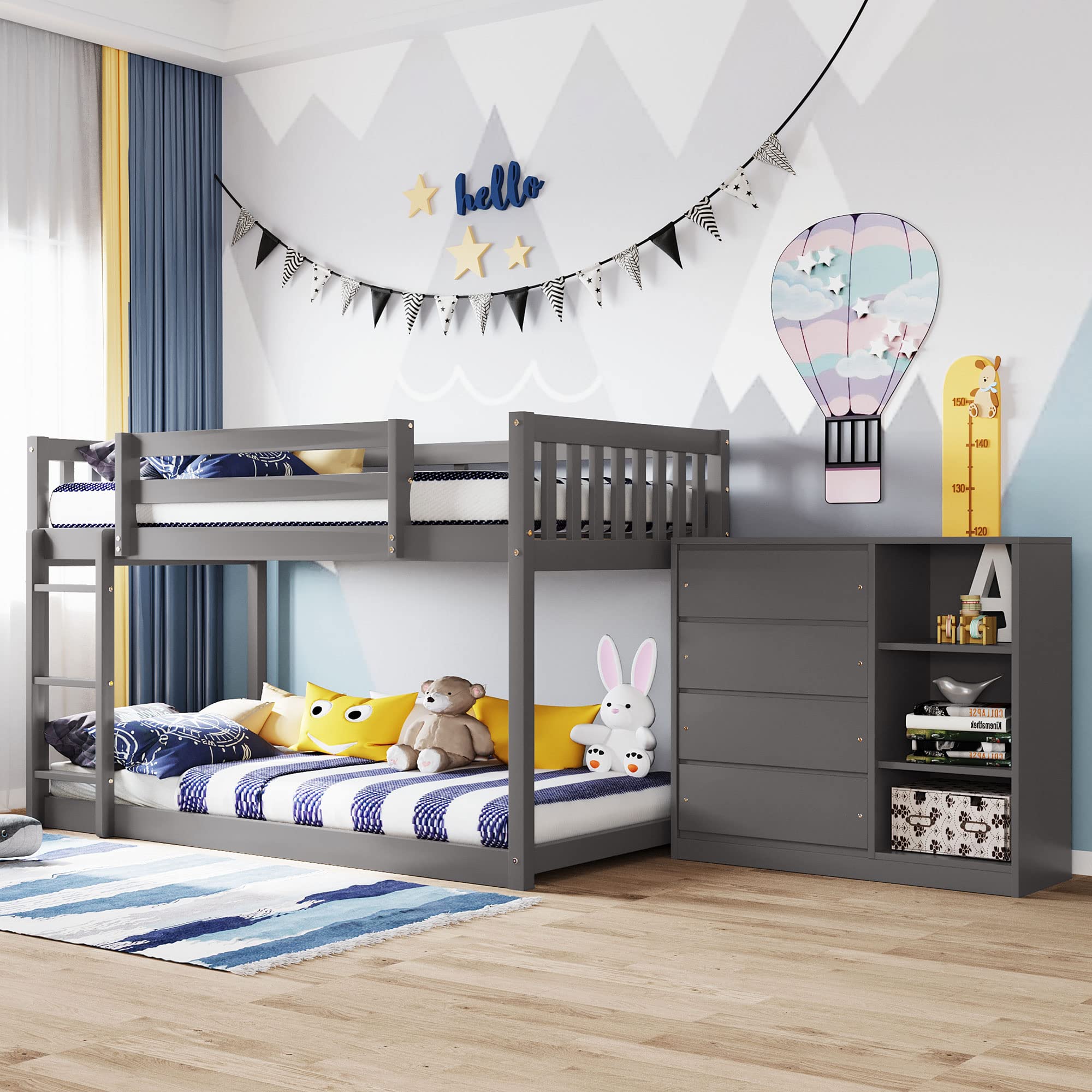 MERITLINE Twin Over Twin Bunk Bed with Storage Drawers & Shelves, Solid Wood Low Loft Bed Frame for Kids - Boys & Girls Bedroom Furniture (Gray) - Perfect for Small Spaces, Shared Rooms & Sleepovers