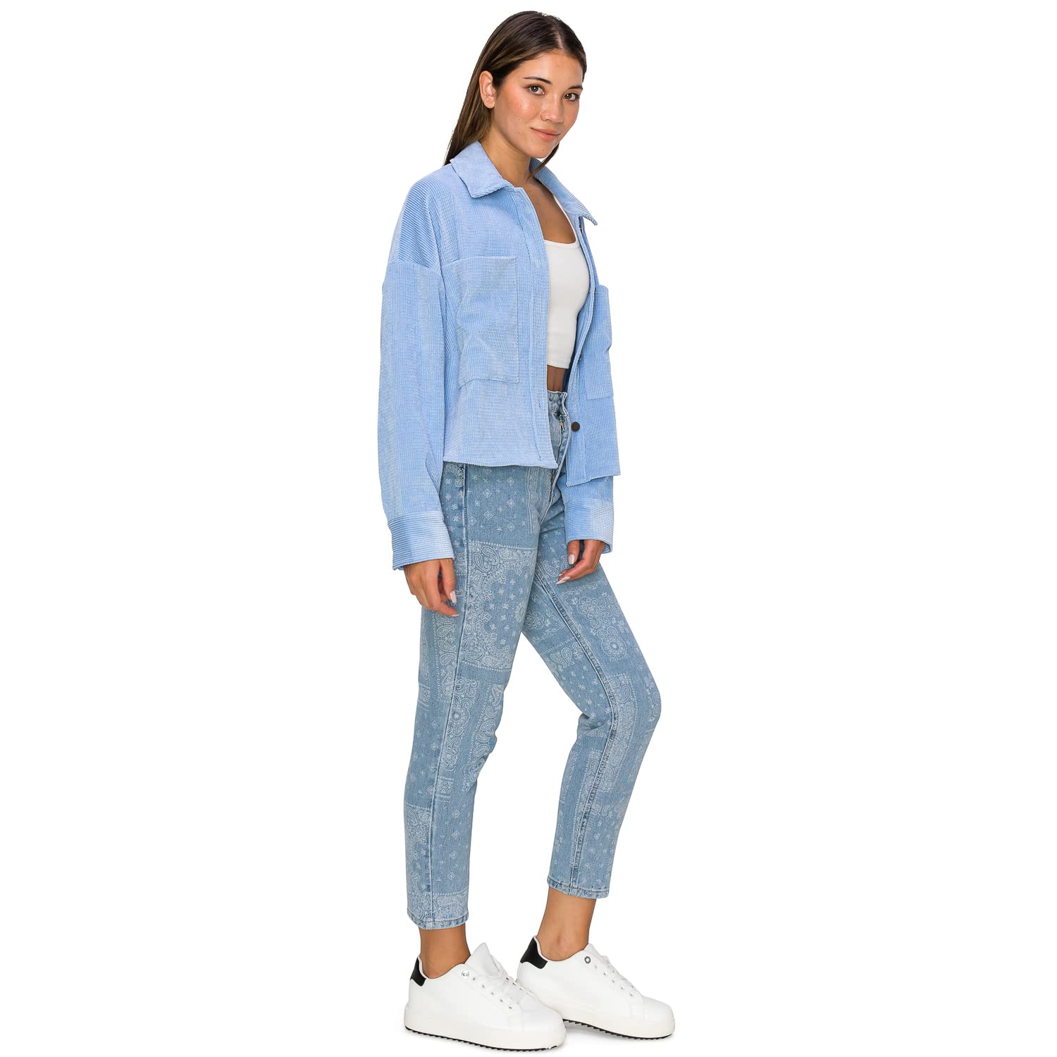 Stylish Women's High Waisted Mom Jeans - Khaki & Blue Vintage Print | Comfortable Stretch Denim for Casual Outfits, Weekend Wear & Retro Fashion
