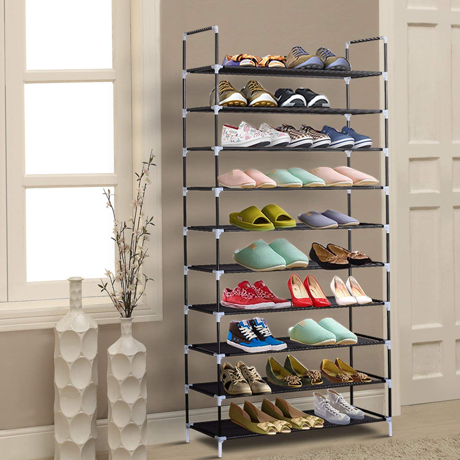 ERONE 10-Tier Shoe Rack Organizer - Tall Metal Shoe Storage Cabinet for Closets & Entryway | Non-Woven Fabric Sturdy Shoe Shelf Tower | Space-Saving Home Organization Solution (Black) | Perfect for Small Apartments & Mudroom Storage