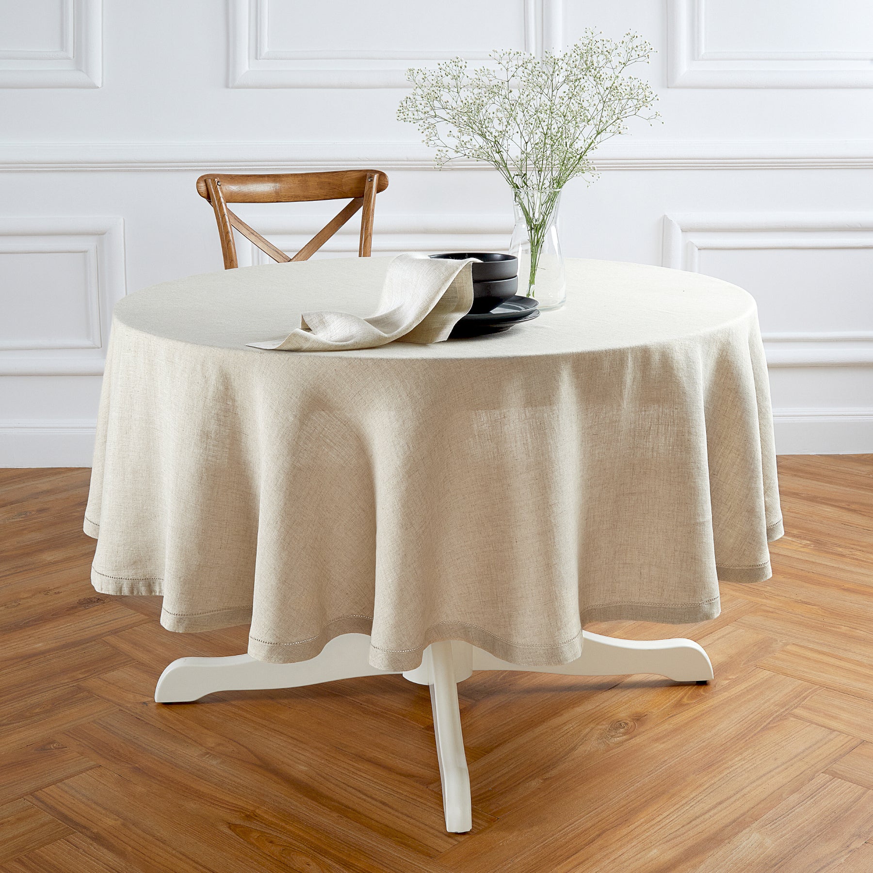 Sonoma Hemstitch Round Tablecloth - 60 Inch White Linen Table Cover for Dining, Parties & Special Events | Elegant & Durable Home Decor