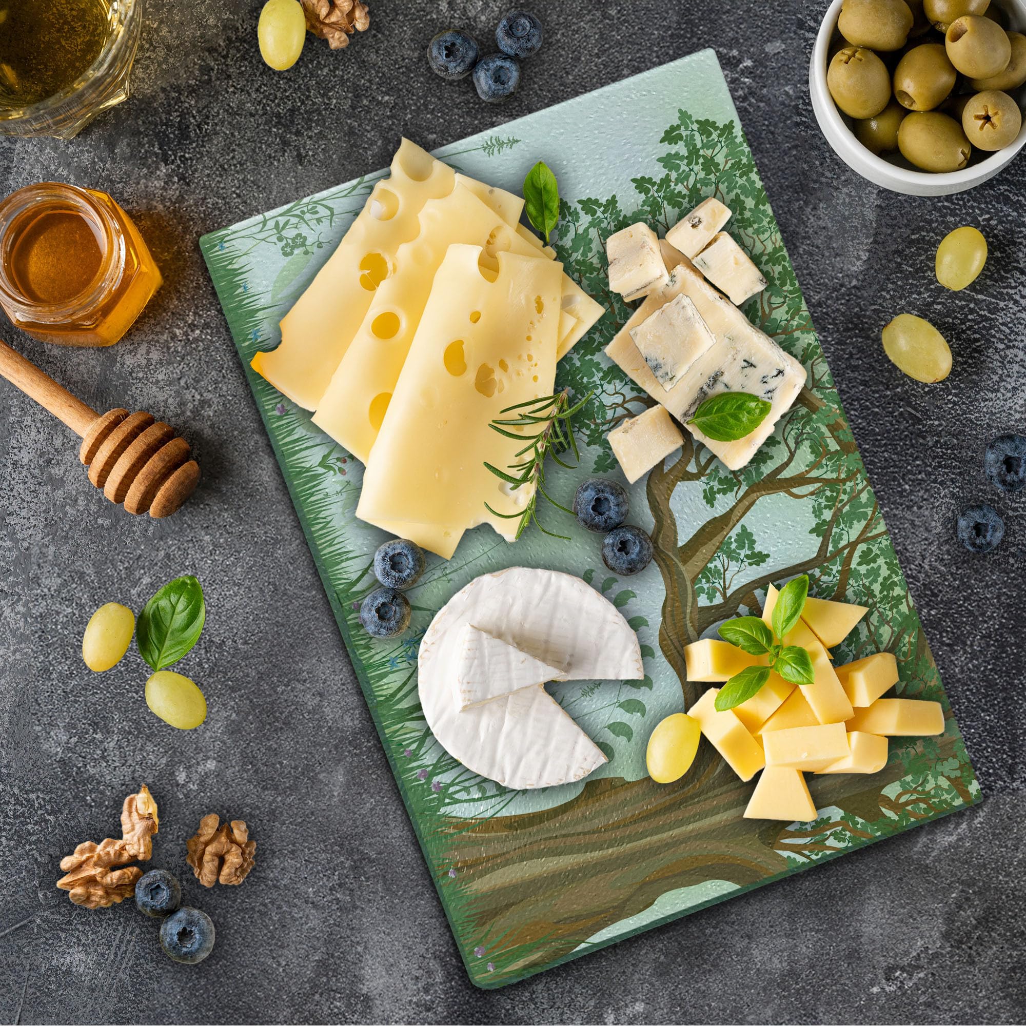 Ambesonne Nature Themed Cutting Board - Spring Summer Tree Grass Butterfly Oil Painting Design, Decorative Tempered Glass Serving Board for Kitchen, Small Size (Green Brown White) - Perfect for Cheese Platters, Charcuterie Displays & Wall Art Decor