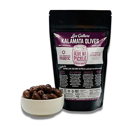 Organic Kalamata Olives with Live Probiotics for Gut Health & Digestion - 1 Pack (16oz) | Vegan, Gluten-Free | Perfect for Salads, Charcuterie Boards & Mediterranean Recipes