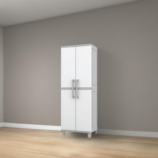 Keter Storage Cabinet with Doors and Shelves - White & Grey Organizer for Laundry Room, Garage, Bathroom, Closet | Perfect for Home Organization and Space Saving Solutions