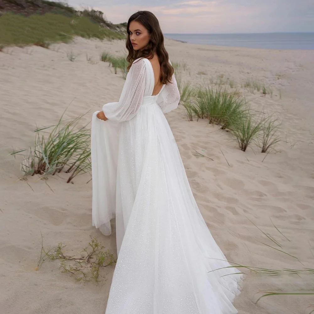Boho Vintage Wedding Dress - Simple Tulle Bridal Gown with Long Puff Sleeves & Sweetheart Neckline | Perfect for Beach, Garden & Outdoor Boho Chic Weddings