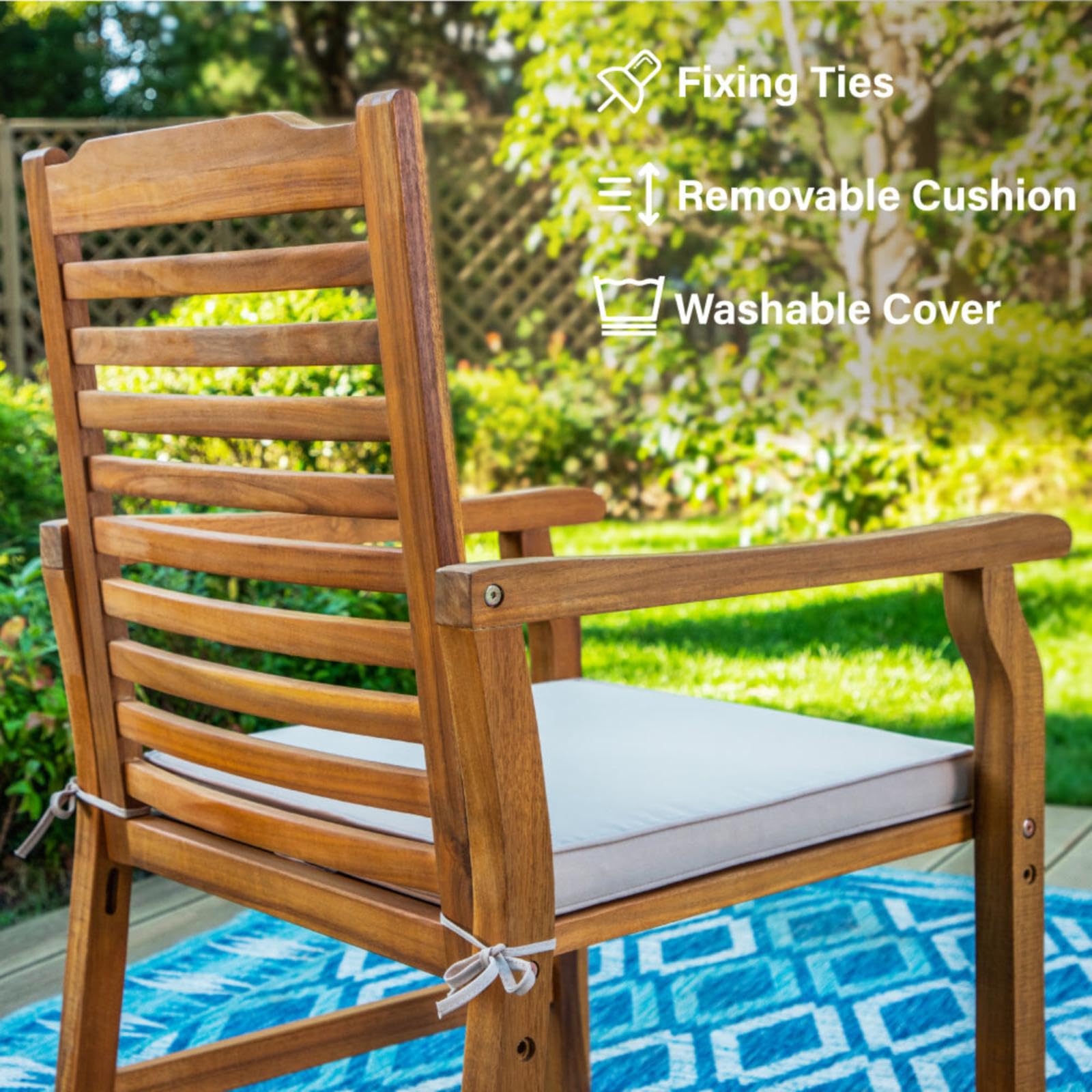PHI VILLA 2-Piece Acacia Wood Outdoor Dining Chairs with Cushions - Patio Armchairs Set, Weather-Resistant Oil-Finished Wooden Chairs for Deck, Yard, Porch, Garden - Perfect for Outdoor Entertaining & Relaxation