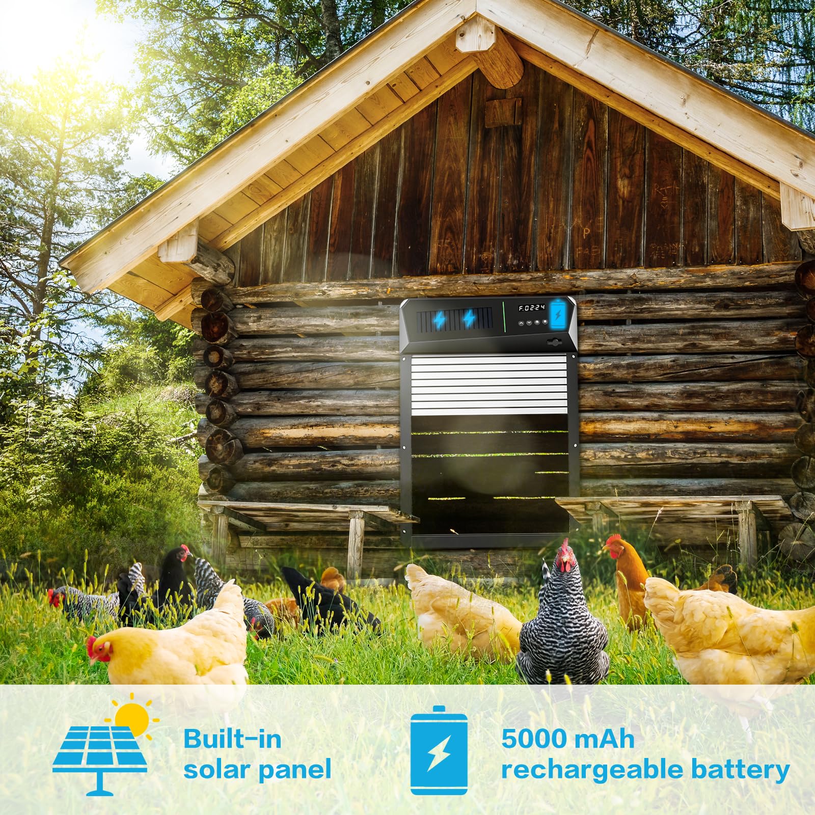 Solar Powered Automatic Chicken Coop Door with Timer & Light Sensor - Aluminum Coop Door with LCD Display, 100ft Remote Range, 4 Modes & Dual Solar Panels | Ideal for Poultry Farming, Backyard Chicken Coops & Small Livestock Protection