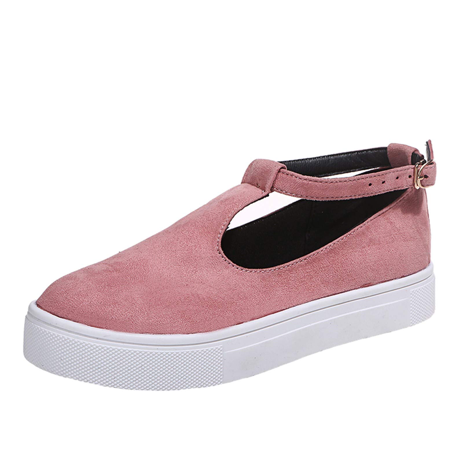 GWTAECH Women's Suede Casual Sneakers - Breathable Flat Shoes with Buckle Strap for Summer | Fashionable & Comfortable for Walking, Travel, and Daily Wear (Pink, Size 8)