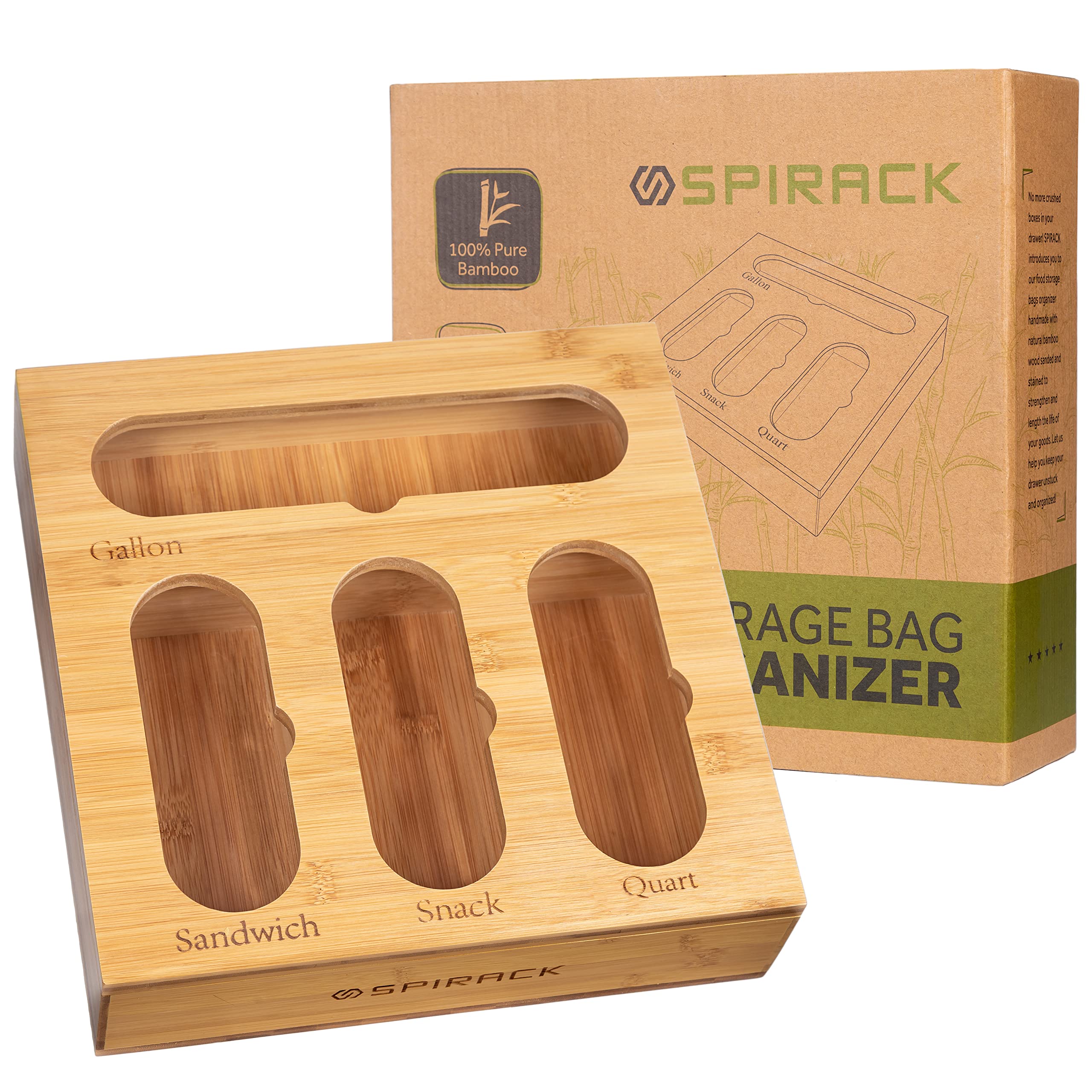 Spirack Bamboo Ziplock Bag Organizer with Hinged Lid - 4 Slot Kitchen Drawer & Pantry Storage for Gallon, Quart, Sandwich, Snack Food Bags | Perfect for Meal Prep, Freezer Organization & Decluttering Spaces
