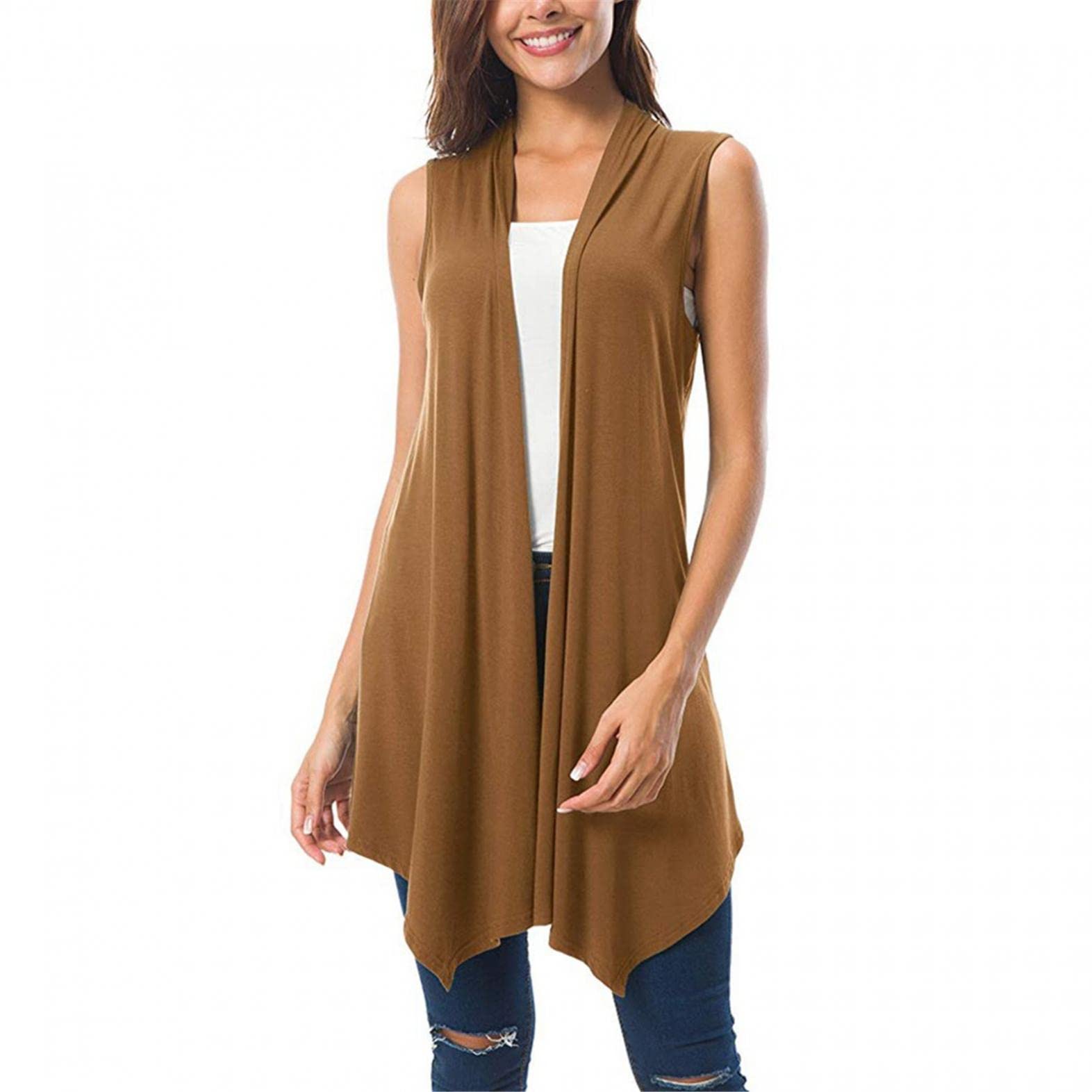Women's Sleeveless Asymmetric Hem Draped Open Front Cardigan - Lightweight Summer Cover Up for Beach, Office & Evening Outfits
