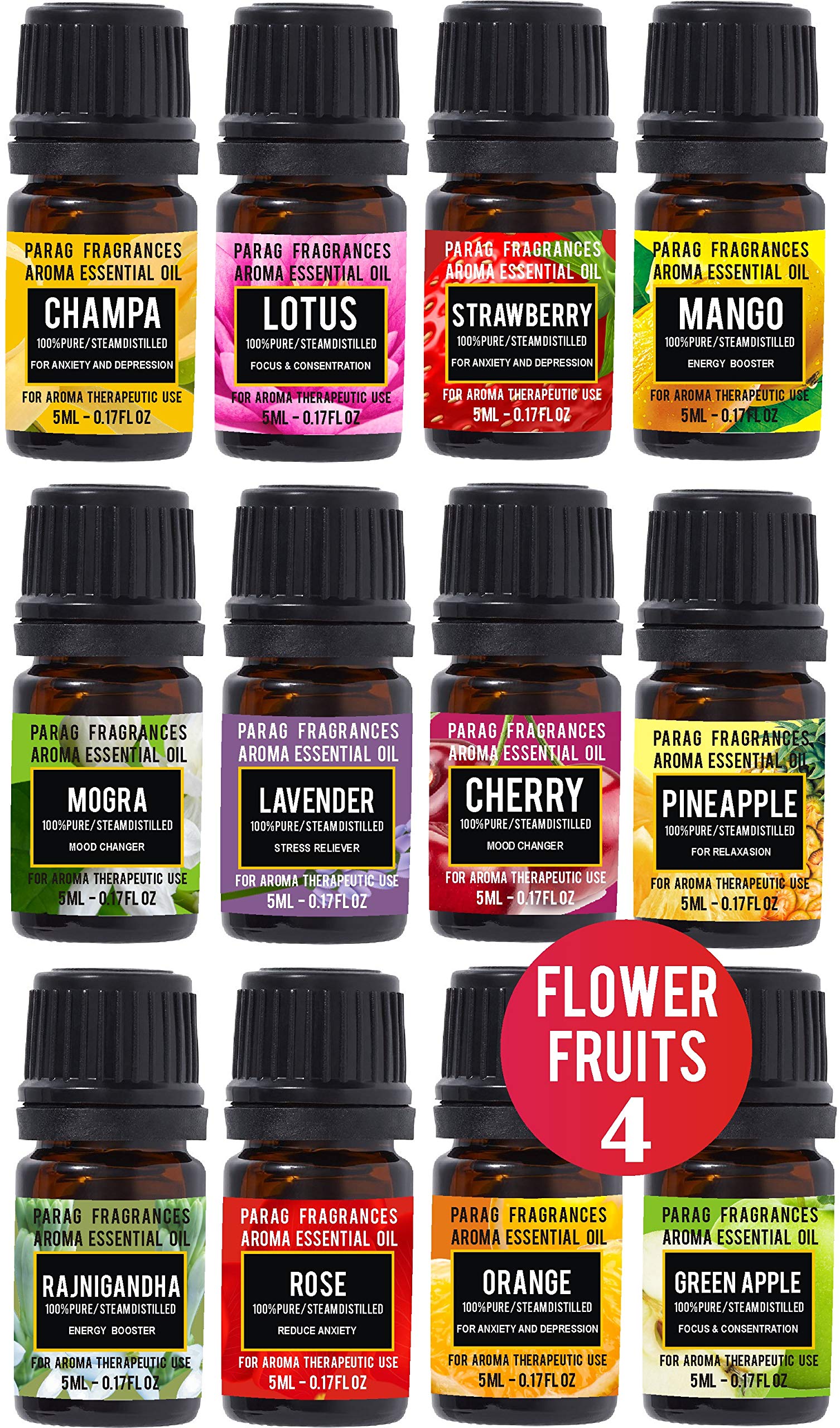 12-in-1 Parag Fragrances Essential Oil Set - Strawberry, Rosemary, Mango, Lavender, Tea Tree, Pineapple, Daisy, Lemon, Green Apple, Chocolate, Orange & Cherry | Aromatherapy, Diffuser, Massage & DIY Beauty | Perfect for Home Spa, Relaxation & Gift Giving