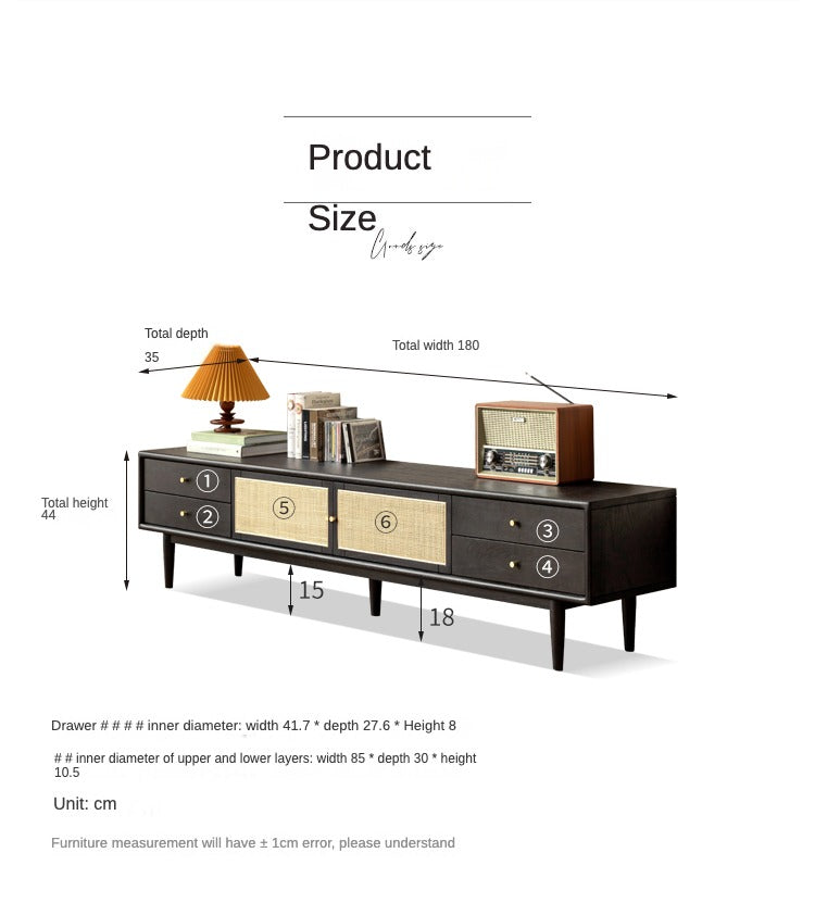 Solid Oak Wood Rattan TV Stand with 4 Drawers - Smoked Finish for Living Room, Bedroom & Home Theater Storage