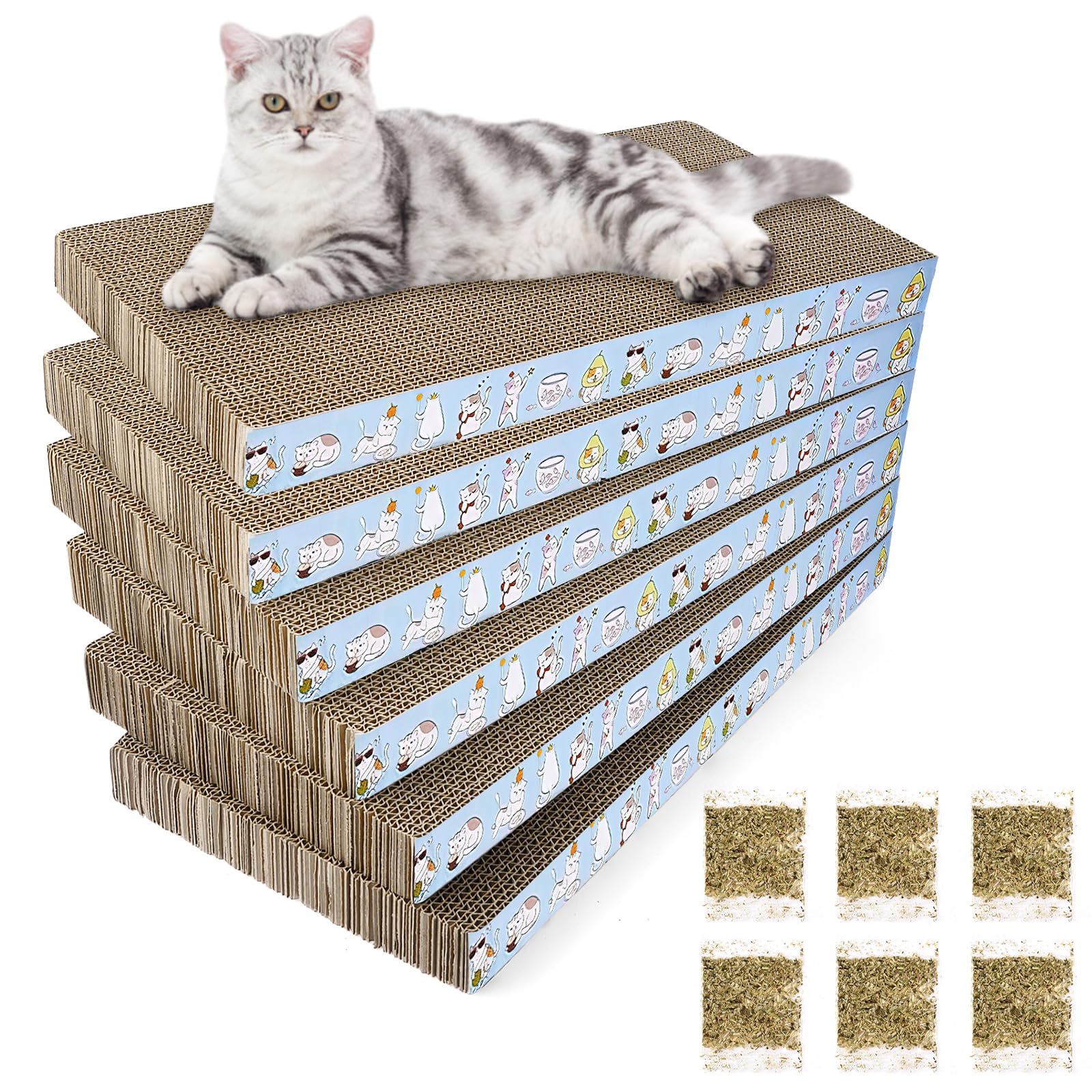 6 Pack Cat Scratch Pad - Premium Durable Recyclable Cardboard Cat Scratcher & Scratching Post for Kittens & Adult Cats - Perfect for Claw Trimming, Playtime & Lounging - Great for Home, Office & Pet-Friendly Spaces
