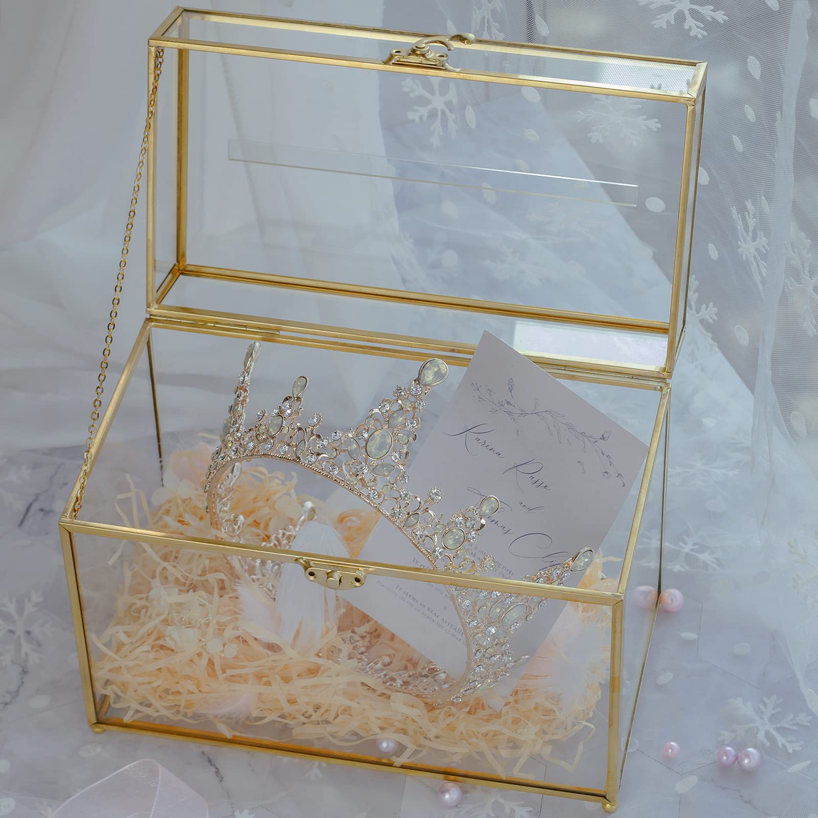 Elegant Glass Wedding Card Box with Slot - Large Clear Gift Card Holder in Gold Brass for Wedding Receptions, Birthday Parties & Bridal Showers | Perfect Greeting Card Organizer for Special Events & Celebrations