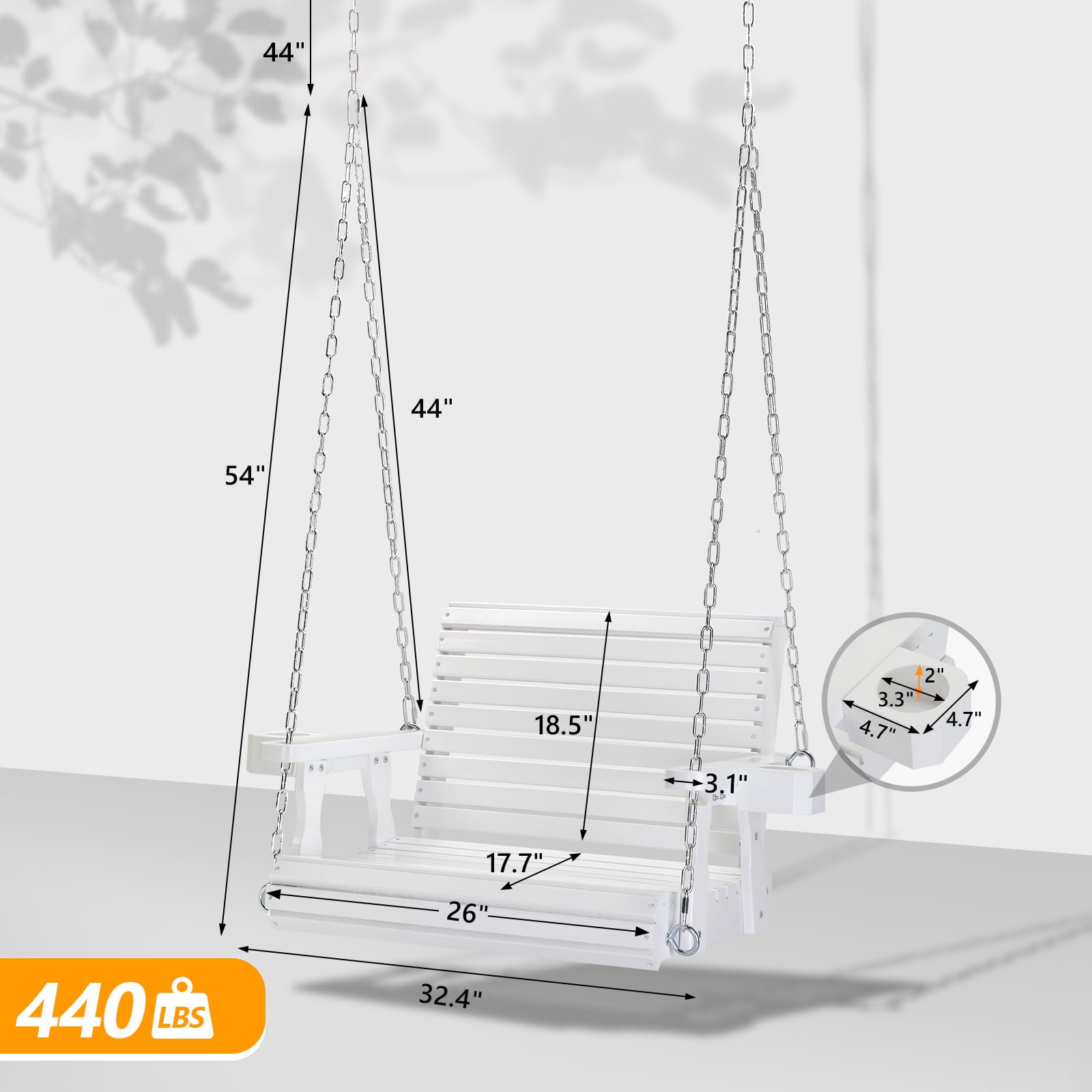 VINGLI Heavy Duty 440 LBS Capacity Wooden Porch Swing - Single Person Outdoor Swing with Deep Seat, High Backrest & Cup Holder for Adults & Kids - Perfect for Patio, Garden, Balcony, Backyard & Tree Hanging (White)