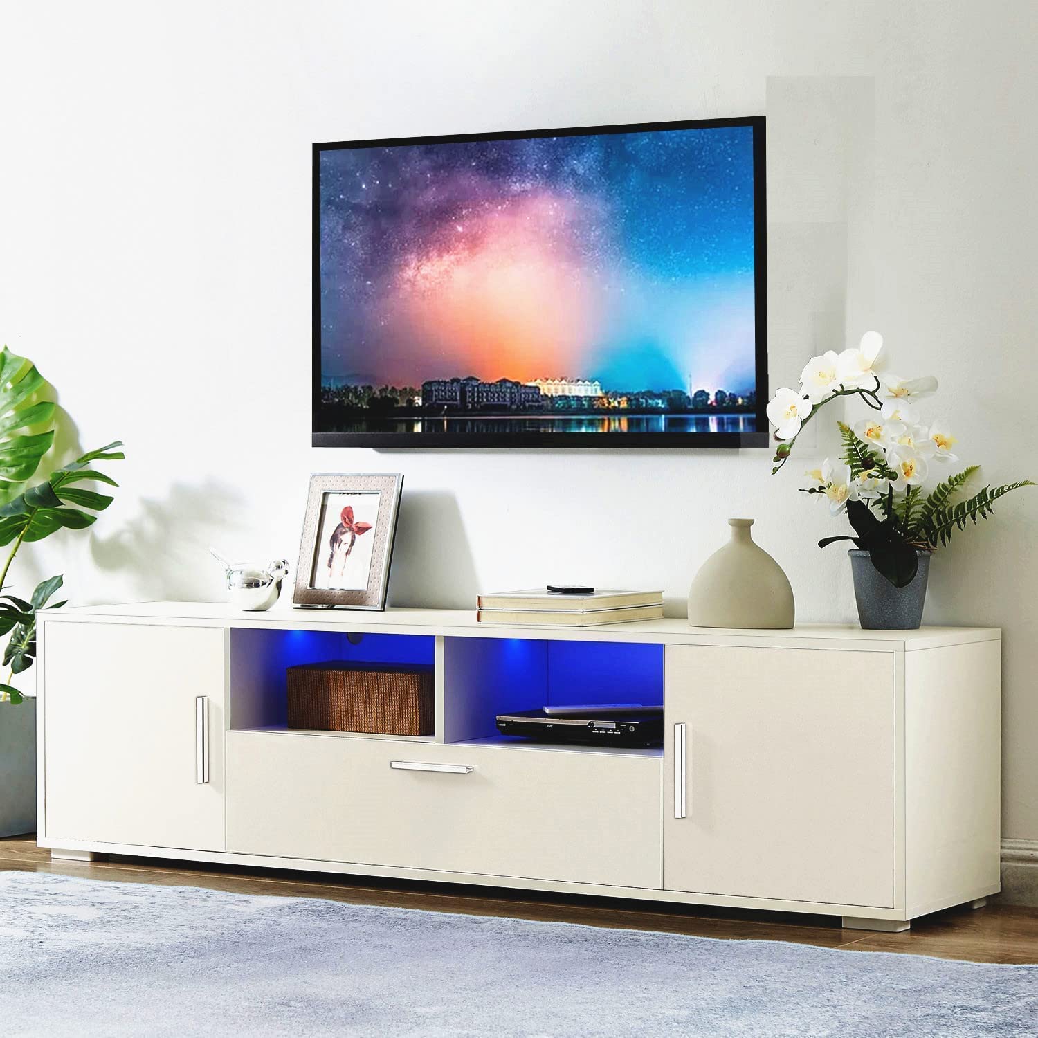 Modern LED TV Stand for 70-75 Inch TVs with Storage Drawer & Lights - Entertainment Center Media Console Table for 50/55/65 Inch TVs (White) - Perfect for Living Room, Gaming & Movie Nights