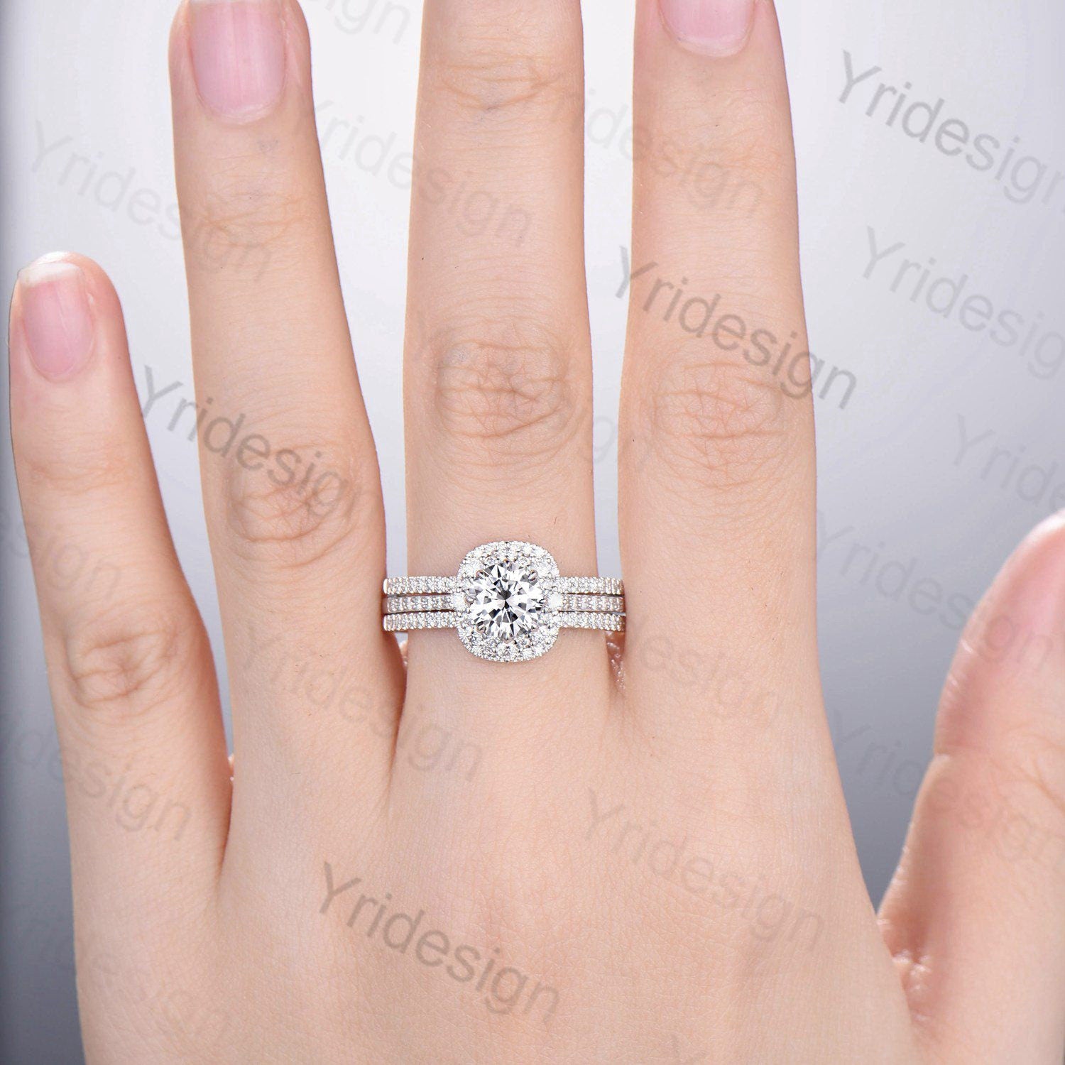 Vintage Double Halo Moissanite Engagement Ring Set - 14K White Gold Wedding Band with Diamond Accents for Women - Perfect for Bridal Jewelry, Anniversary Gifts & Proposal Scenes