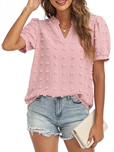 Women's V-Neck Puff Short Sleeve Blouse - Flowy Summer Tops for Casual Wear, Date Night & Office Outfits