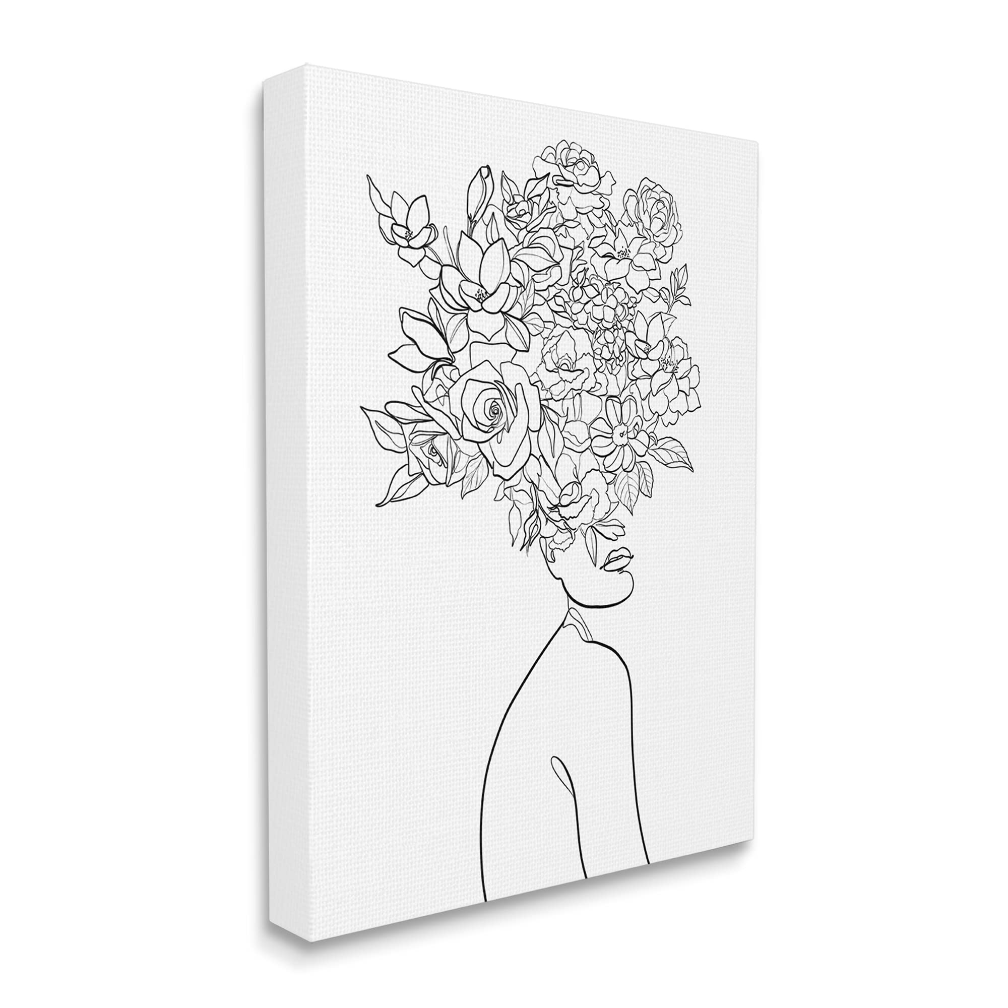 Elegant Minimalist Line Art Canvas Wall Decor - Slouching Woman with Bouquet Hair by ROS Ruseva | Modern Home & Office Artwork | Perfect for Living Room, Bedroom or Gallery Wall
