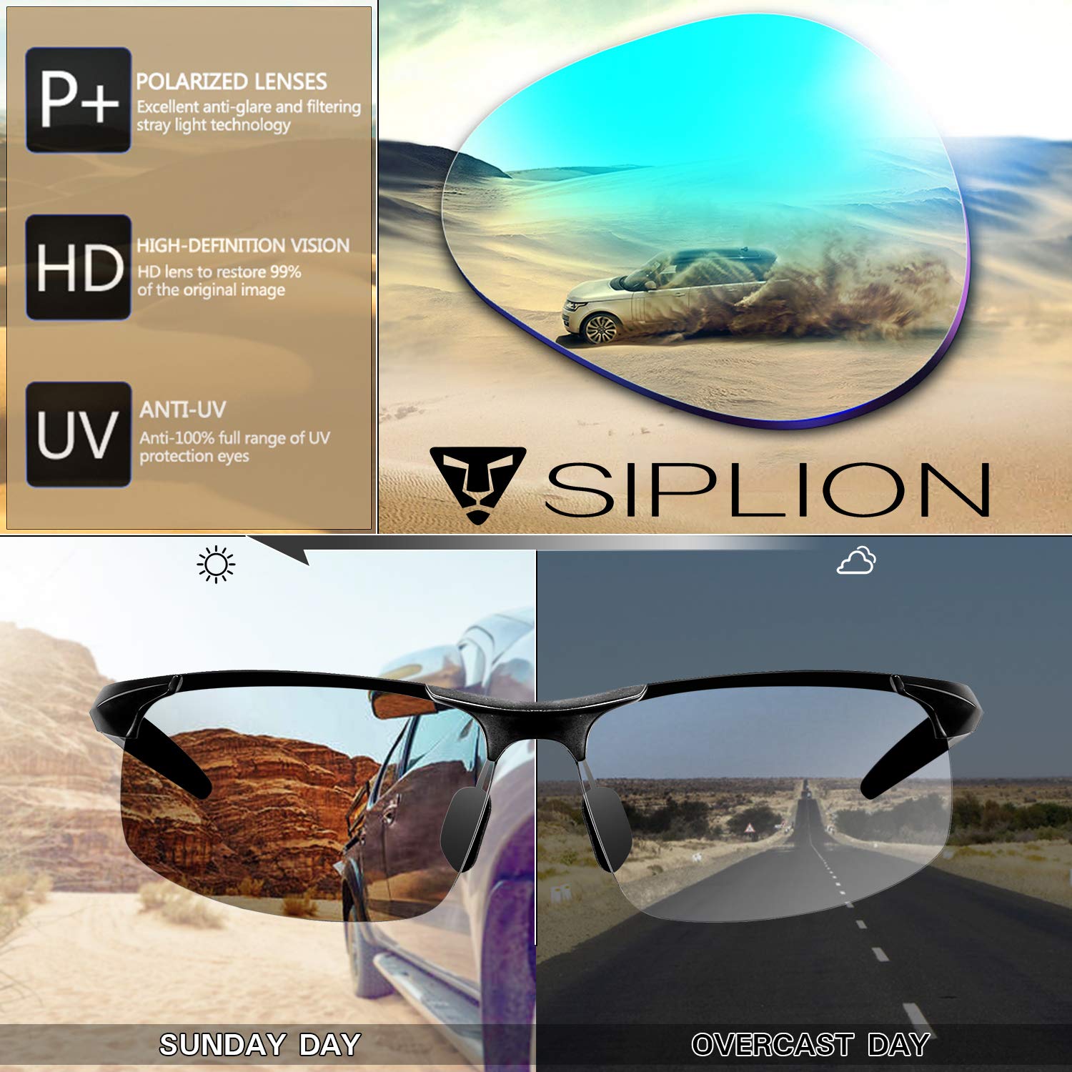 SIPLION Polarized Sports Sunglasses for Men - UV Protection, Lightweight Metal Frame - Perfect for Golf, Fishing, Driving & Outdoor Activities