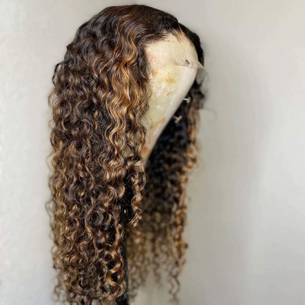 180% Density Ombre Blonde 1B/27 Color Curly Human Hair Wig for Black Women - Deep Wave HD Lace Front Wig with Highlight - 13x4 Lace Frontal Pre-Plucked Bleached Knots 18 Inch - Perfect for Daily Wear, Parties & Special Occasions