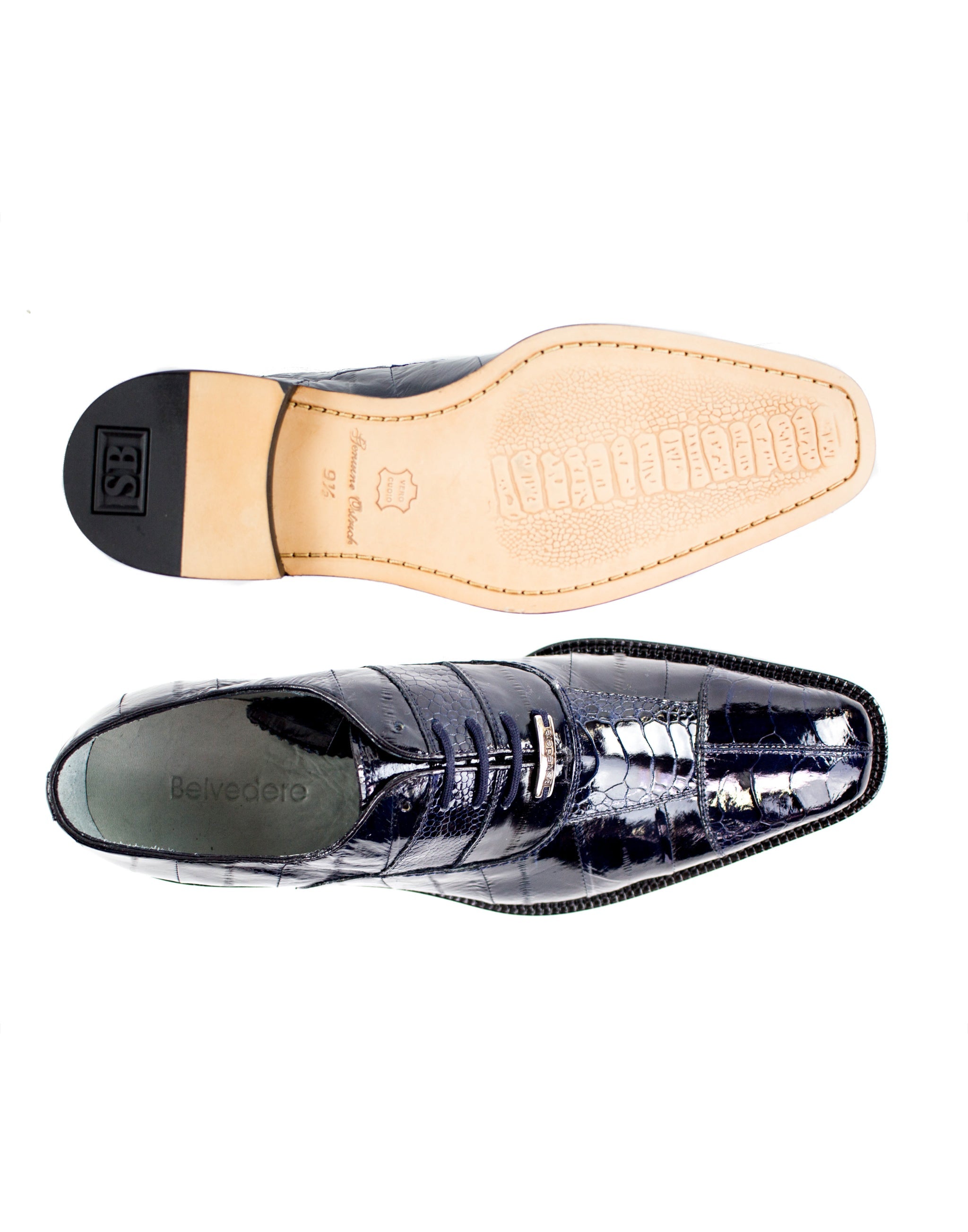 Belvedere Mare Genuine Ostrich & Eel Leather Dress Shoes for Men - Navy Blue Luxury Formal Business Shoes | Perfect for Weddings, Office & Special Occasions