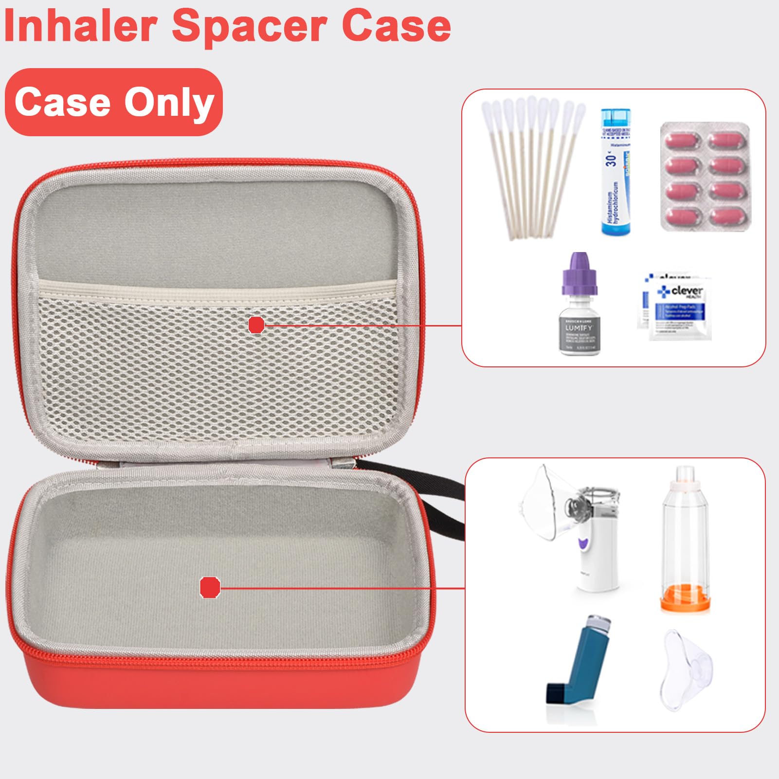 Portable Asthma Inhaler Travel Case for Kids & Adults - Durable Hard Shell with Mesh Pocket for Medicine & Accessories - Ideal for Travel, School & Daily Use (Red, Case Only)
