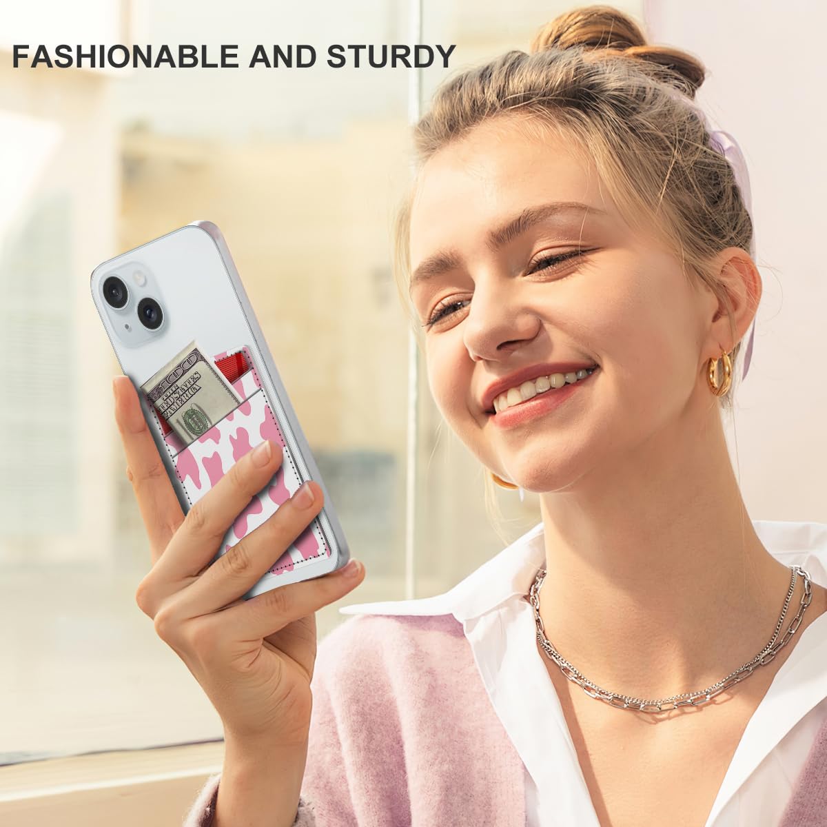 Leather Card Holder for Phone Case - Wallet Sleeve with Dual Pockets for Credit Cards & ID - Stick-on Design Fits Most Smartphones - Pink Cow Print - Perfect for Hands-Free Shopping & Travel Convenience