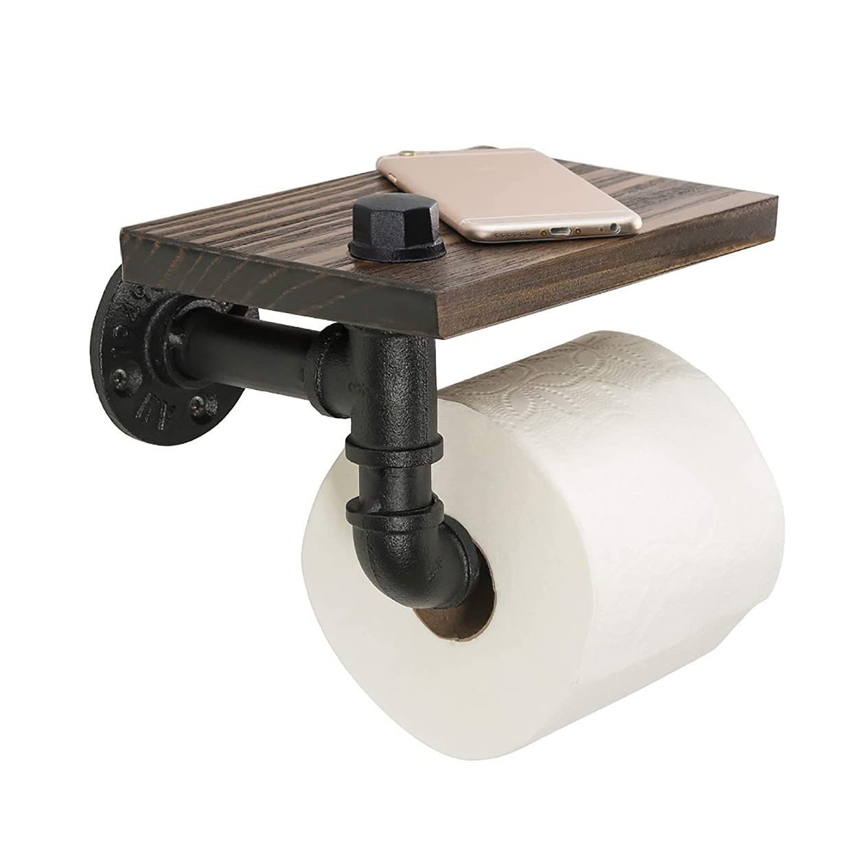 Vintage Wrought Iron Water Pipe Toilet Paper Holder with Wooden Shelf - Wall Mounted Bathroom Tissue Roll Dispenser with Storage (24x15x14.5cm) - Perfect for Farmhouse, Industrial & Retro Style Bathrooms