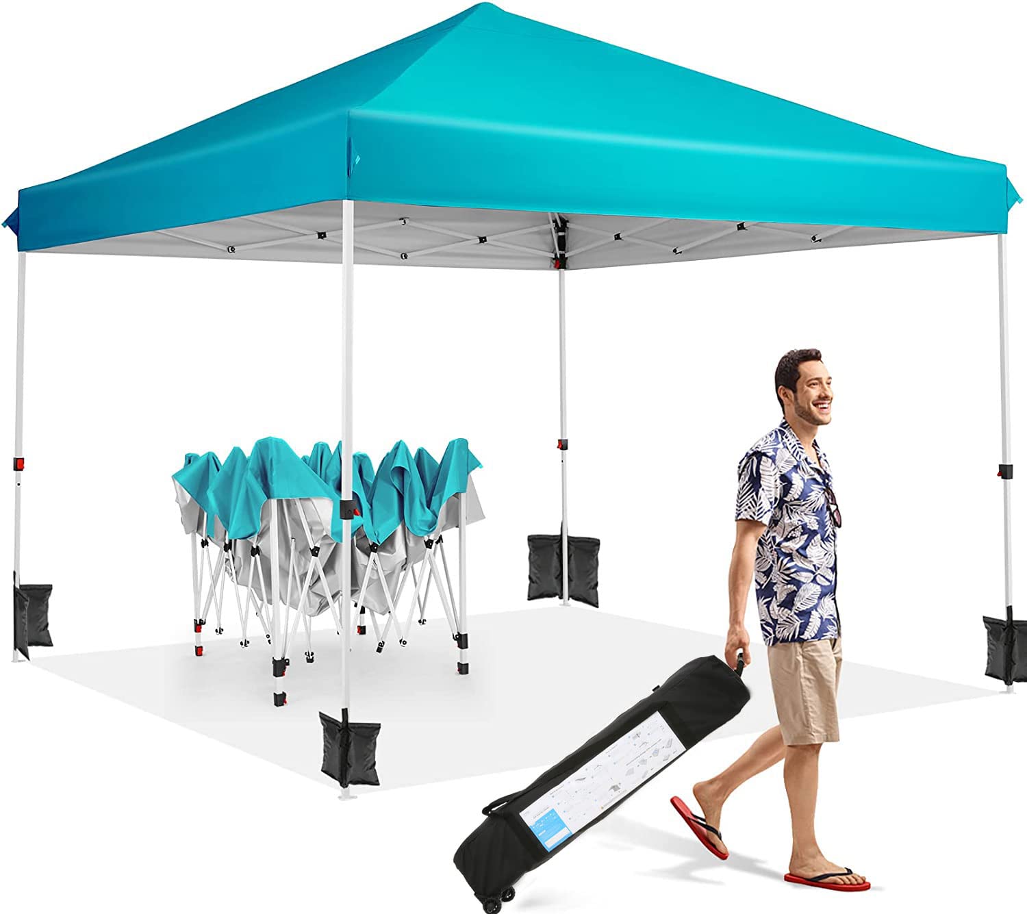 Yuego 10x10 Pop Up Canopy Tent - Heavy Duty Commercial Gazebo with Wheeled Carry Bag & 4 Sandbags | Easy Setup Instant Shelter for Outdoor Camping, Picnics, Beach Parties, Farmers Markets, and Backyard Events