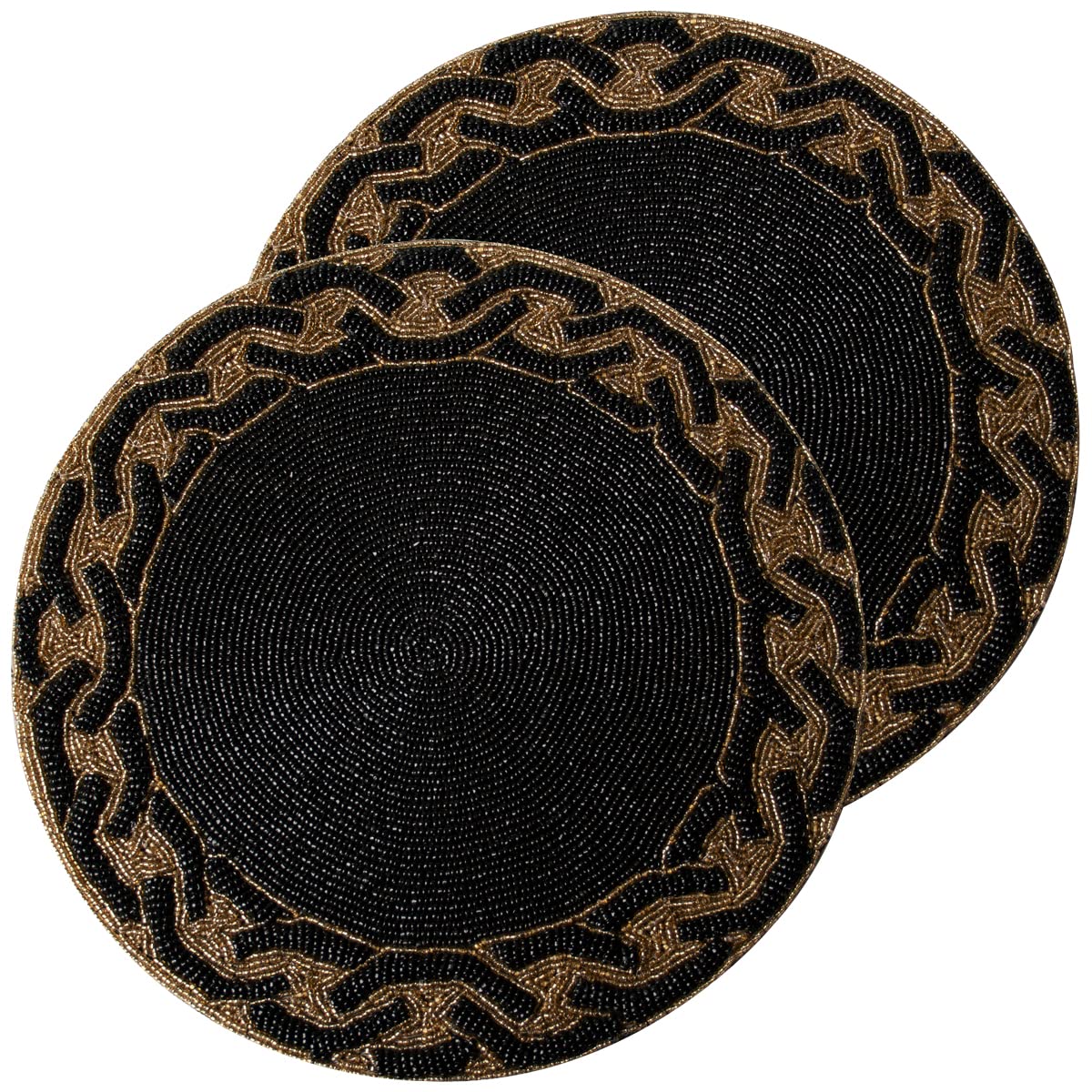 Decozen 14-Inch Round Beaded Placemats Set of 2 - Heat Resistant Charger Plates for Dining Table Decor, Valentine's Day, Weddings, Kitchen & Office - Black Gold Home Decor for Elegant Dinner Parties & Holiday Gatherings