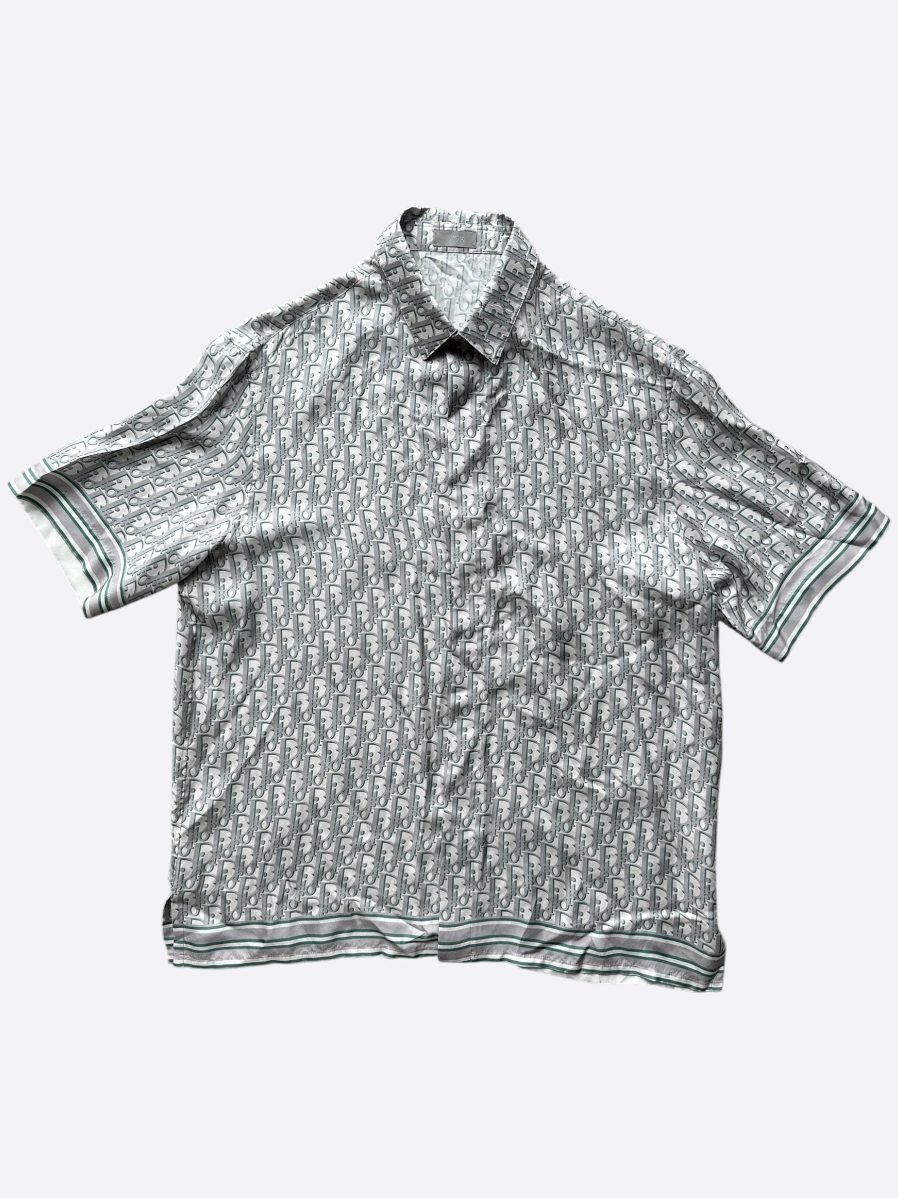 Dior Grey & Green Oblique Silk Button Up Shirt for Men - Luxury Designer Casual & Business Wear for Office, Parties & Special Occasions