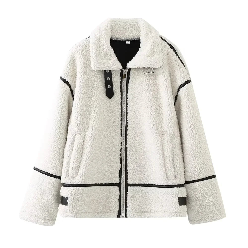 Women's Autumn Fur Jacket - Cozy Lamb Wool Plush Coat with Contrast Color for Casual Wear | Perfect for Fall Outfits, Daily Errands & Cold Weather Fashion
