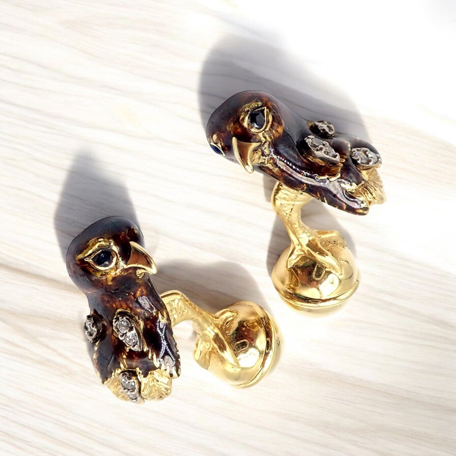 Vintage Tiffany & Co. 18k Yellow Gold Diamond Enamel Falcon Eagle Bird Cufflinks - Luxury Men's Jewelry Gift for Formal Events & Business Occasions