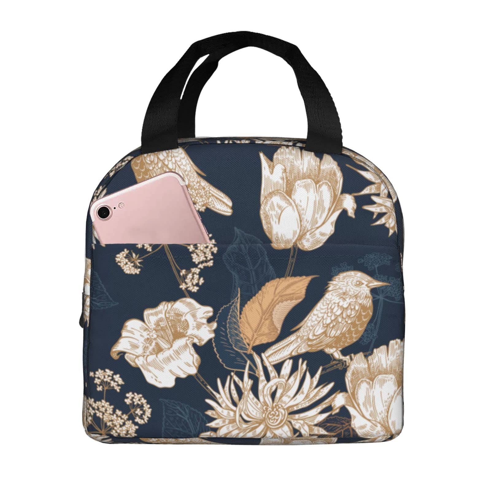 Floral Bird Print Insulated Lunch Bag - Reusable & Portable Cooler Tote for Men & Women - Perfect for Office, Picnic, Beach & Outdoor Activities