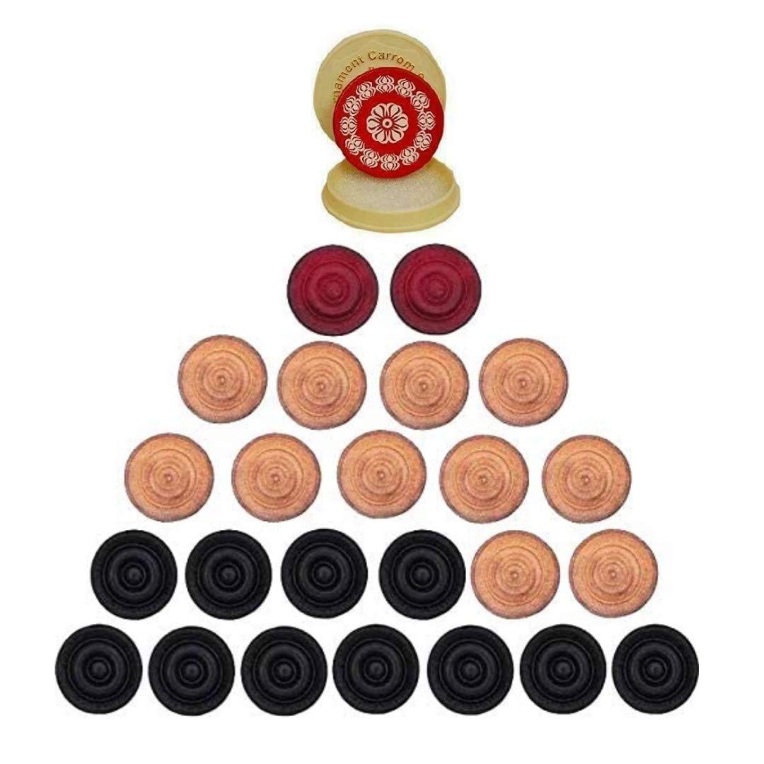 Premium Carrom Board Coins Set - 24 Solid Wooden Pieces with Fancy Case & Tournament Striker (Red/White/Black) - Perfect for Family Game Nights, Indoor Recreation, and Competitive Play