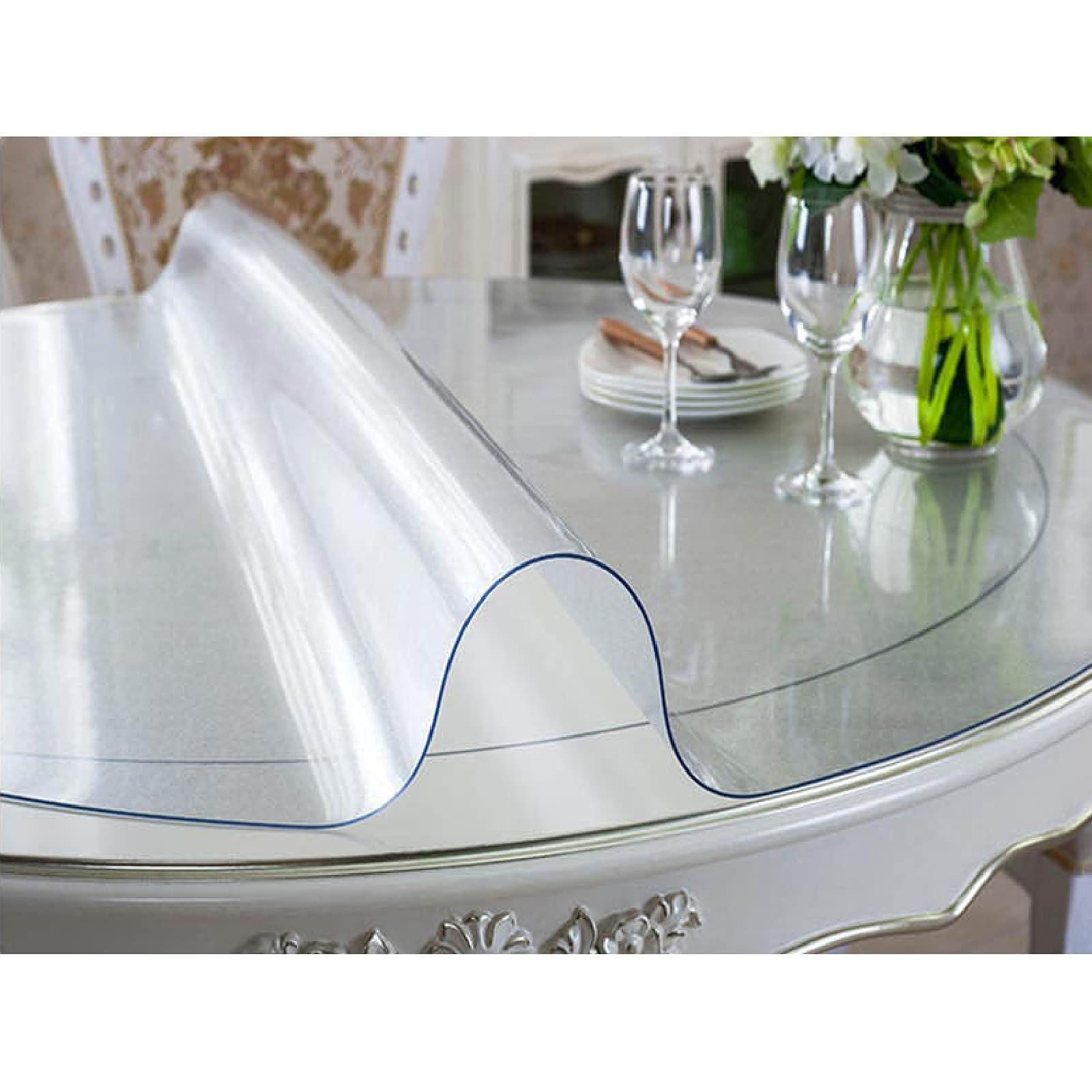 Round Transparent PVC Tablecloth - Clear Table Cover Protector for Dining, Coffee, and Writing Desks (150cm/59in) - Ideal for Home, Office, and Party Use