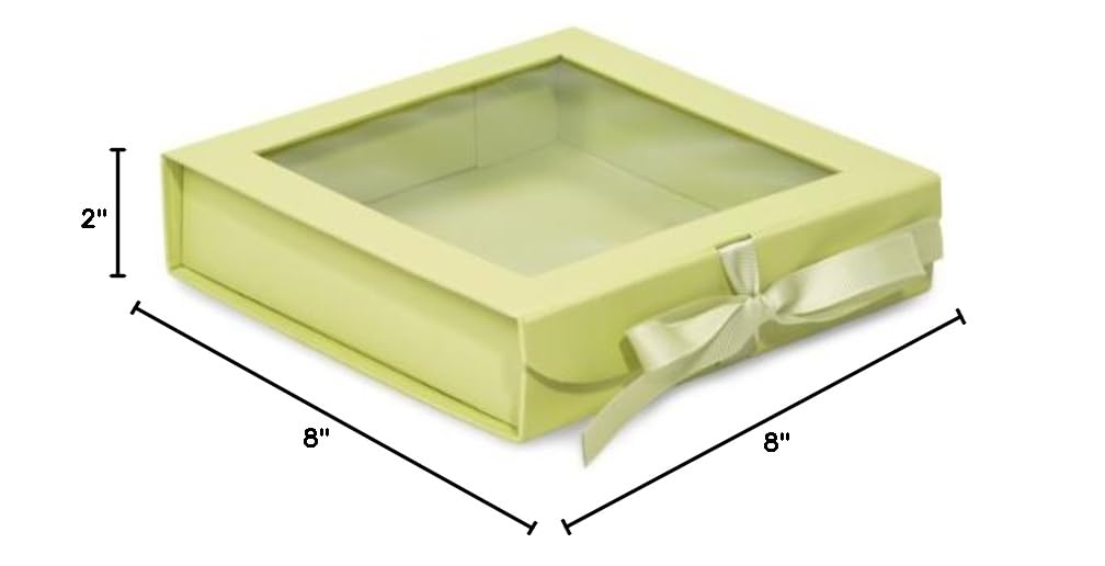 Bulk 8x8x2 Inch Pistachio Folding Gift Boxes with Ribbon Closures & Window Lid - 18 Pack (1 Unit) - Perfect for Wedding Favors, Party Treats & Nut Packaging